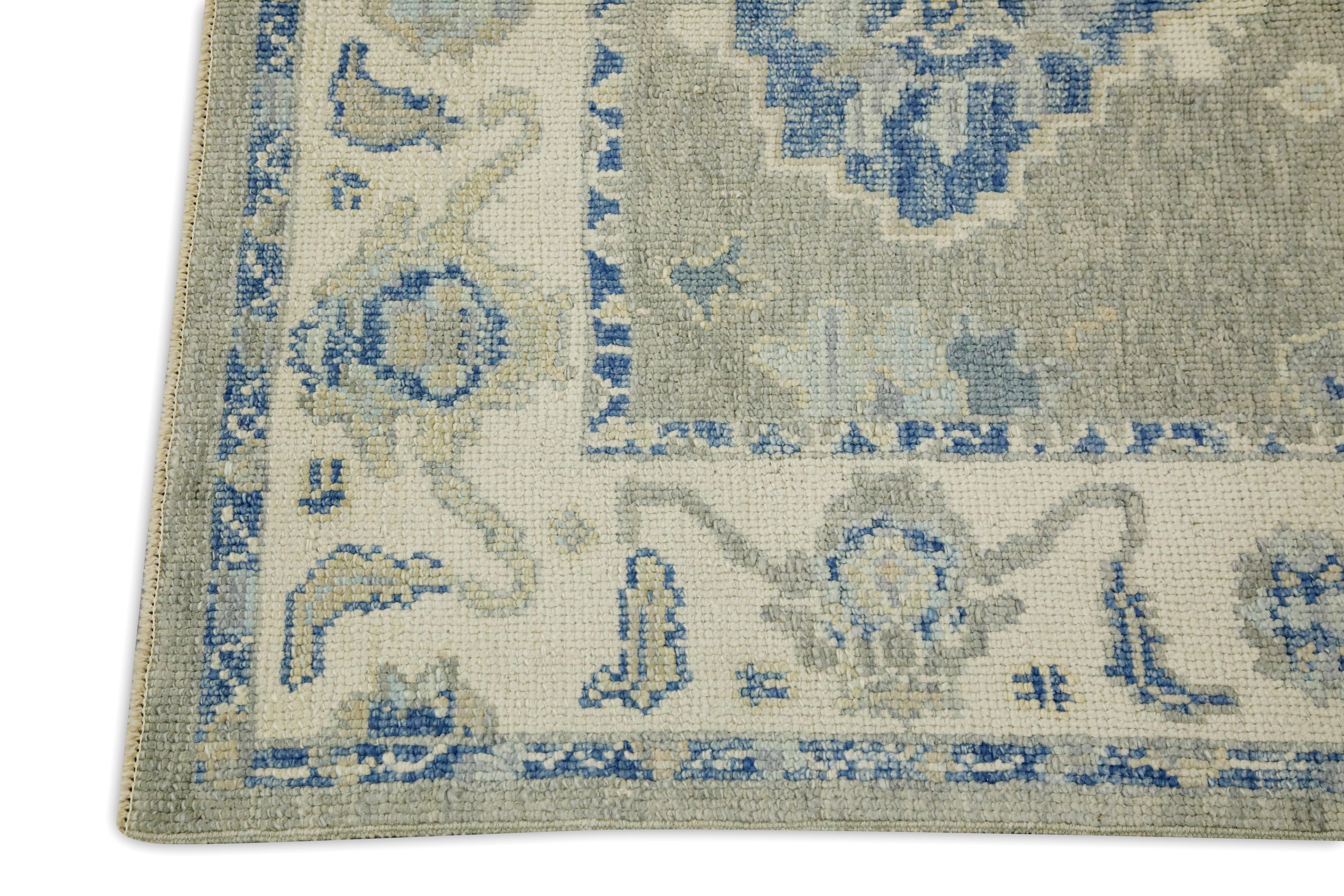 Turkish Oushak Rug Green & Blue Handwoven Wool Rug 3'10