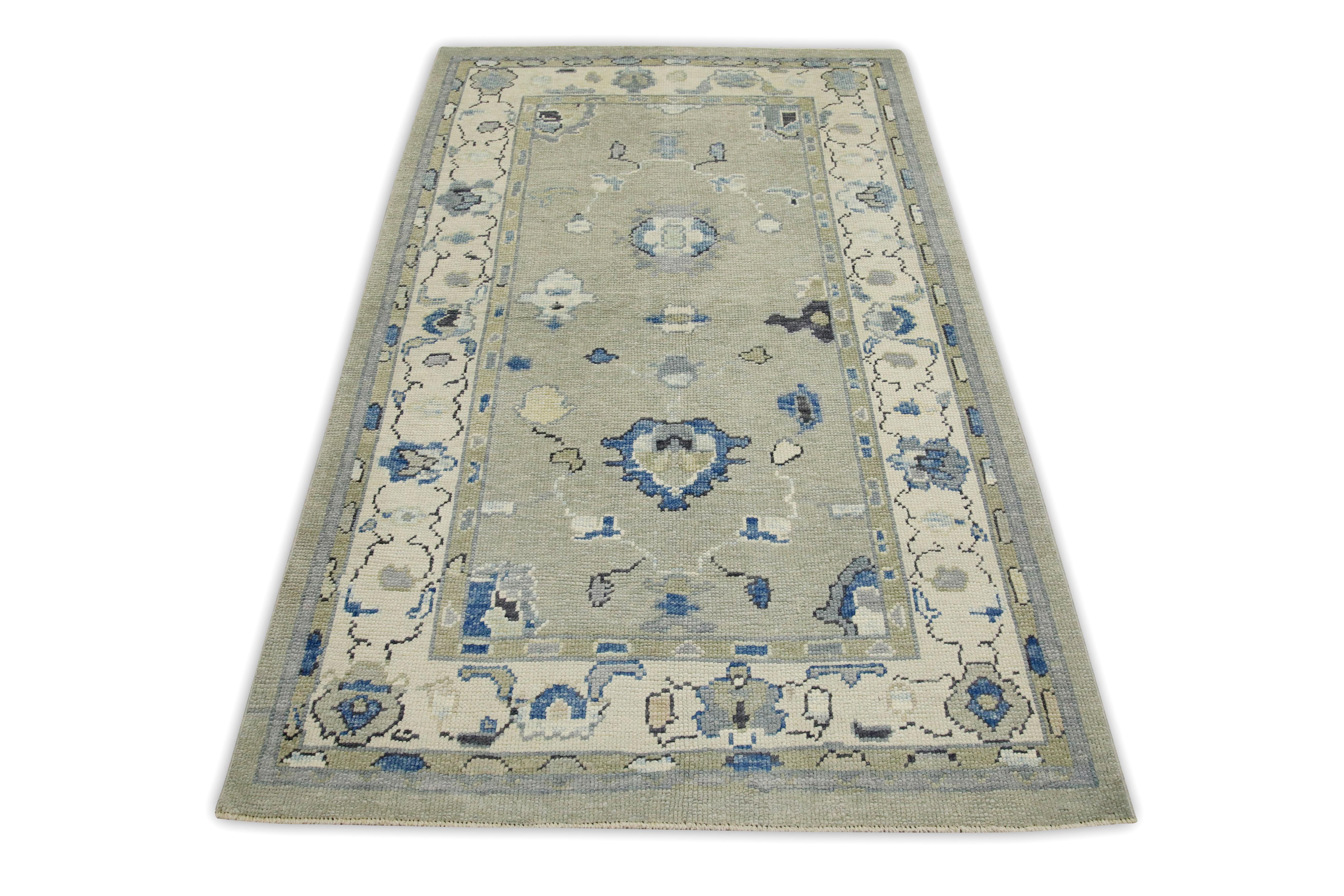 Contemporary Turkish Oushak Rug Green & Blue Handwoven Wool Rug 3'10