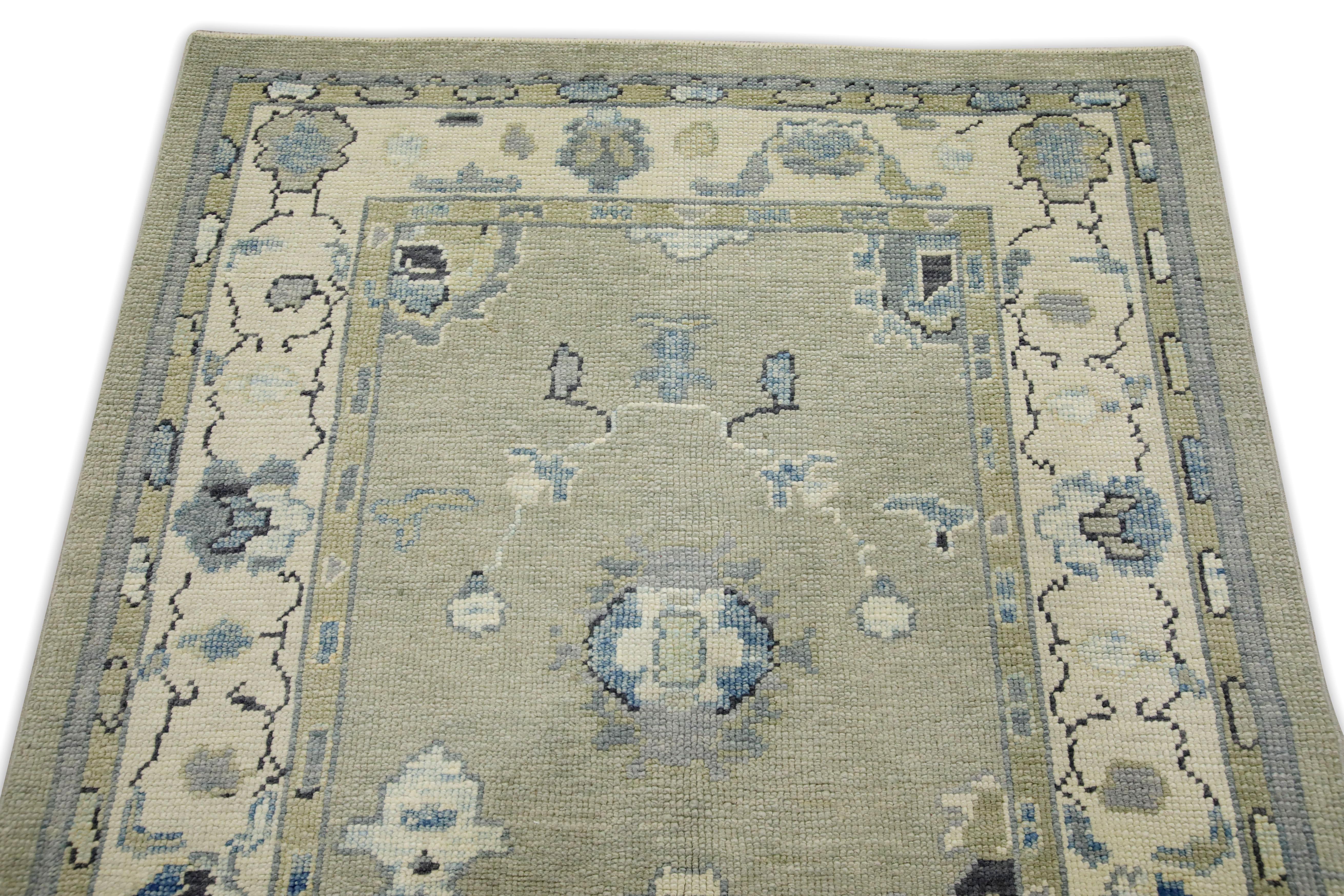 Turkish Oushak Rug Green & Blue Handwoven Wool Rug 3'10