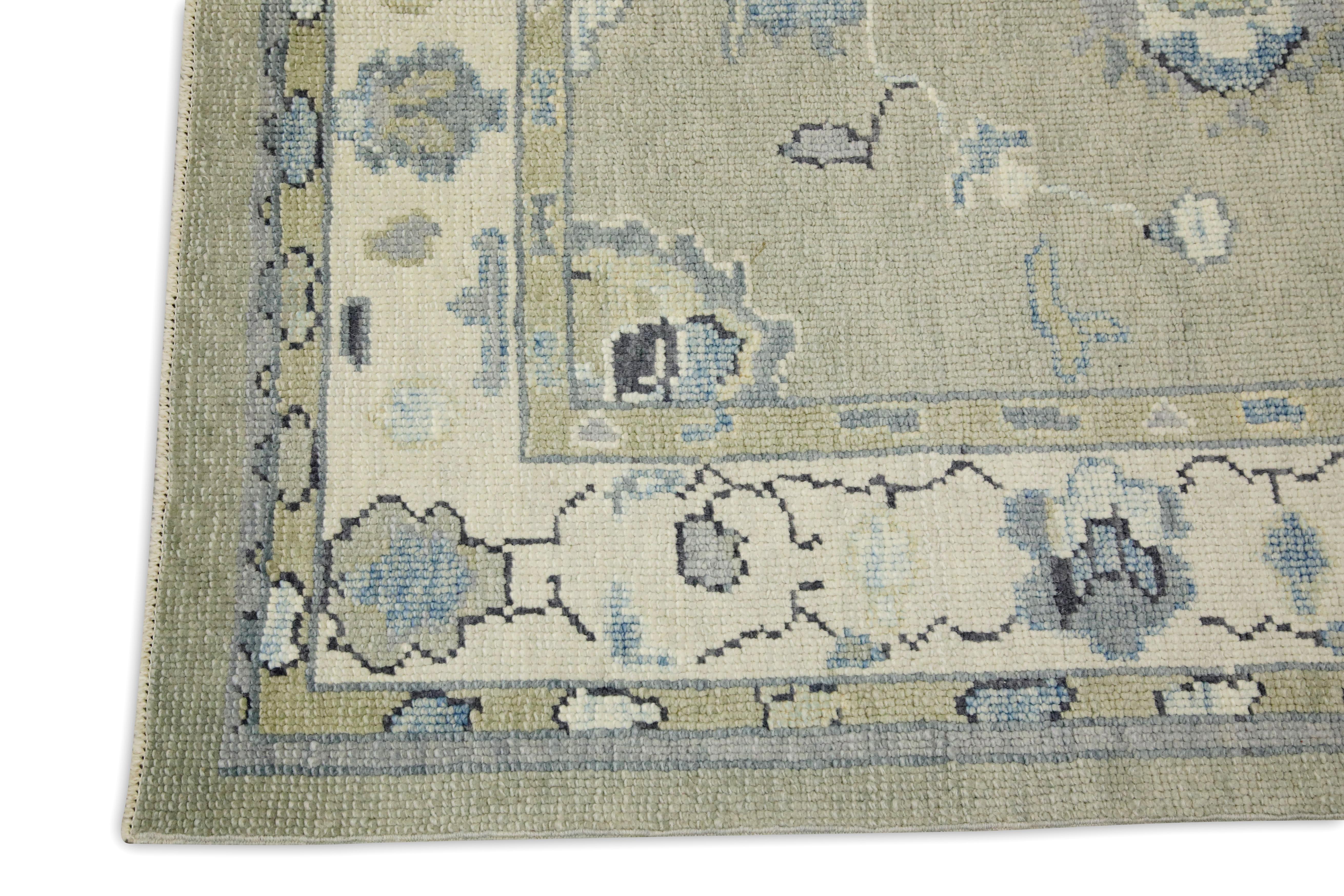 Turkish Oushak Rug Green & Blue Handwoven Wool Rug 3'10