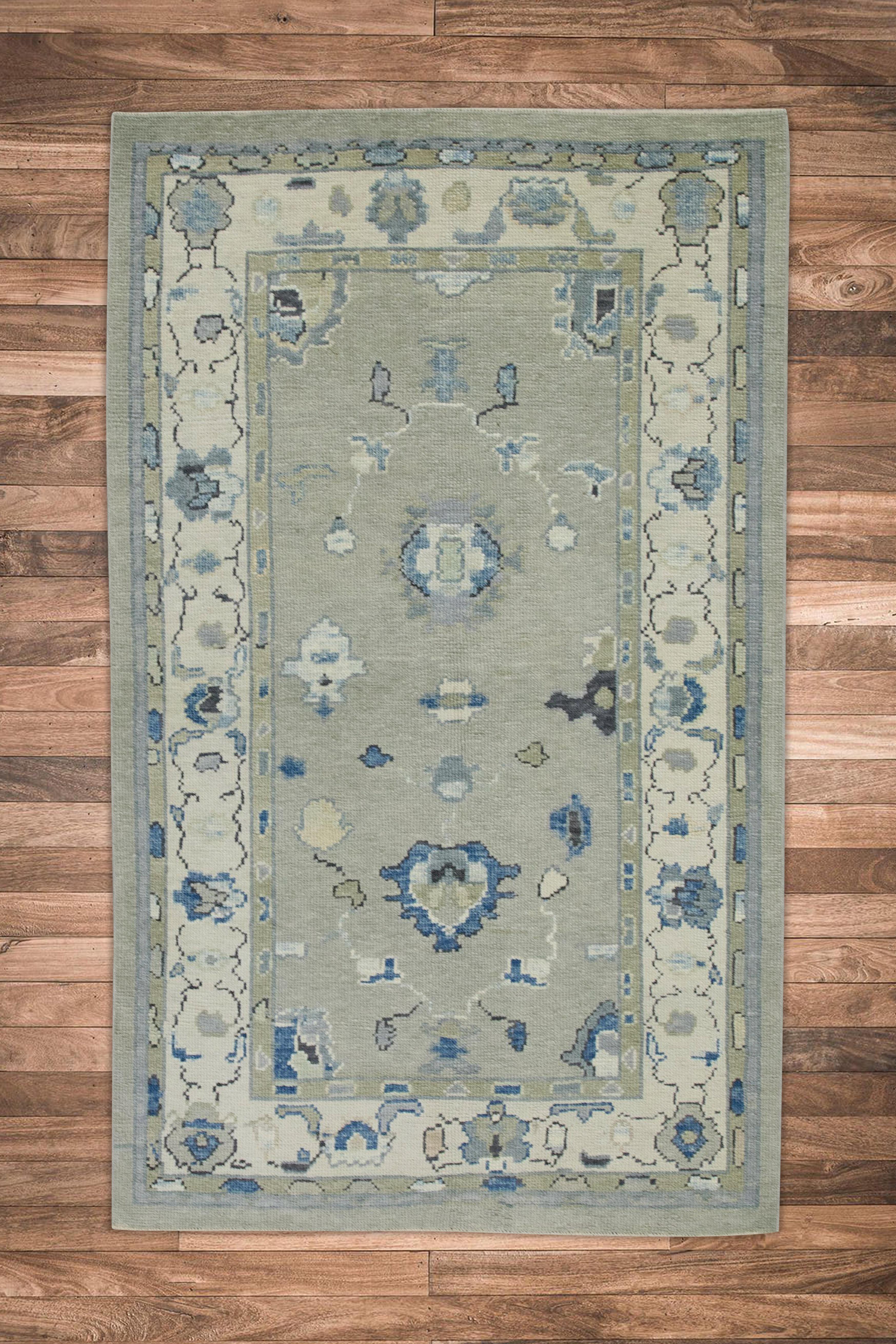 Turkish Oushak Rug Green & Blue Handwoven Wool Rug 3'10