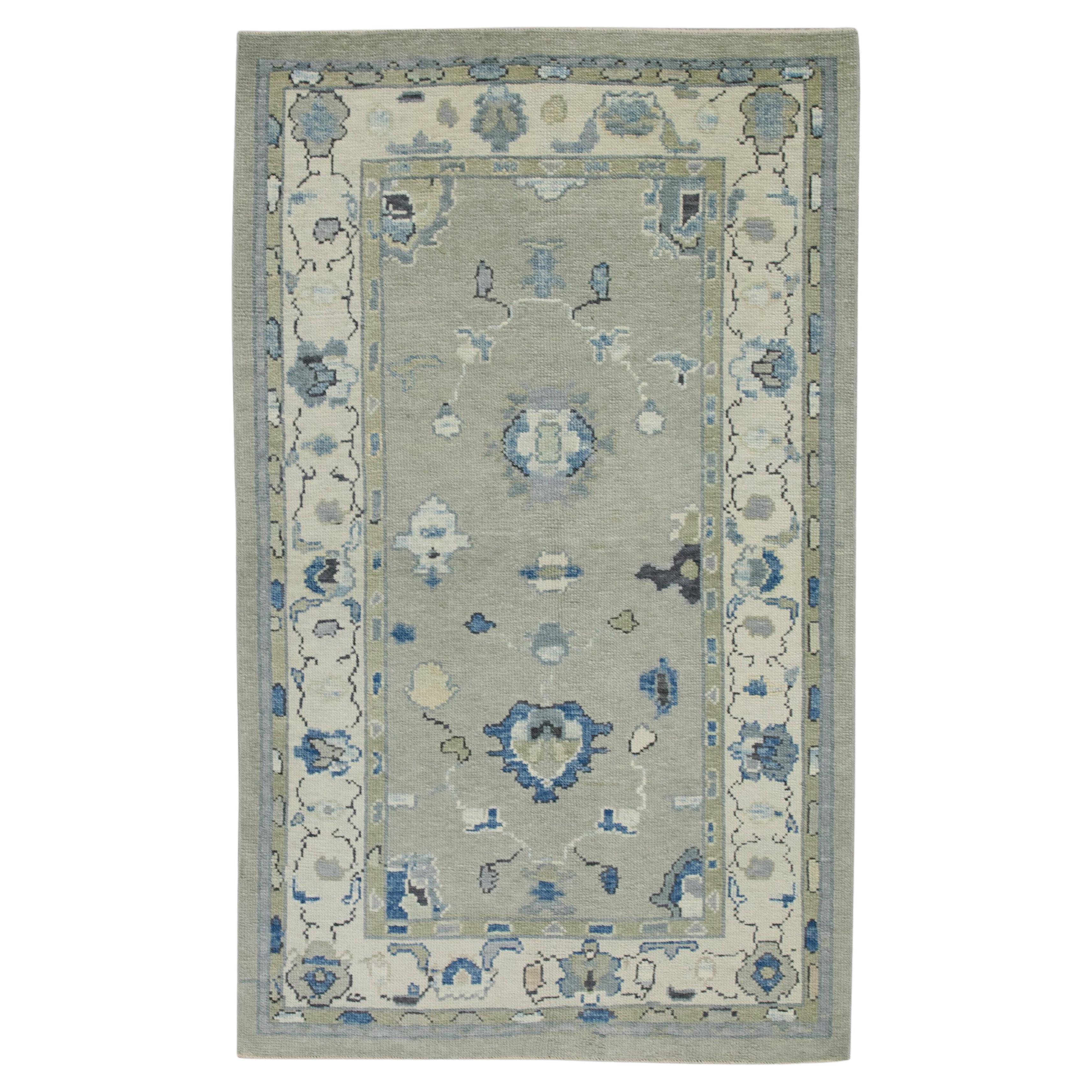 Turkish Oushak Rug Green & Blue Handwoven Wool Rug 3'10" x 6'1"