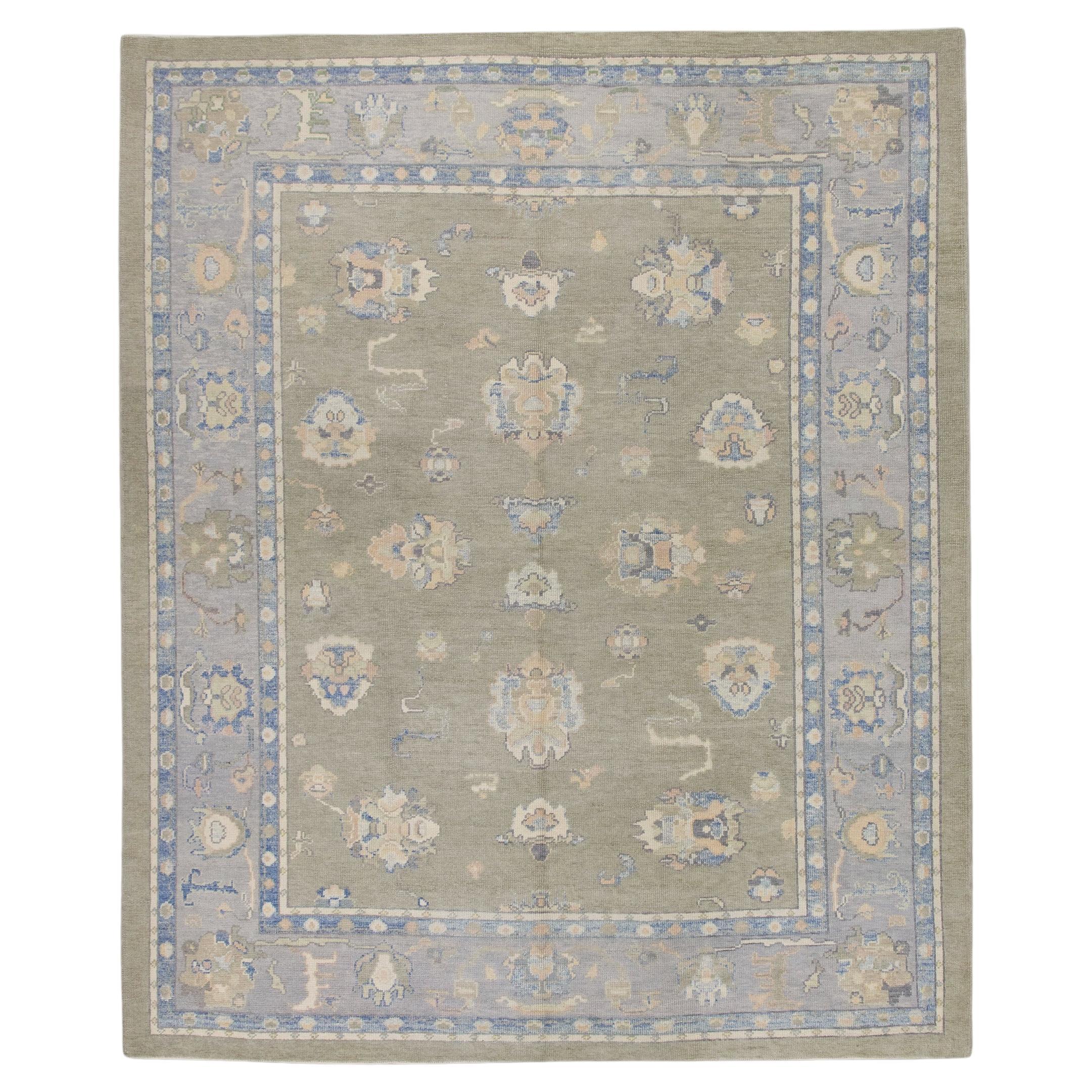 Türkischer Oushak Teppich Grün & Blau Handgewebter Wollteppich 8'5" x 9'10" im Angebot