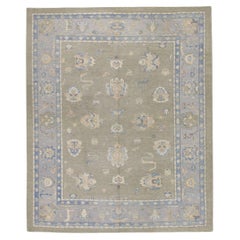 Türkischer Oushak Teppich Grün & Blau Handgewebter Wollteppich 8'5" x 9'10"