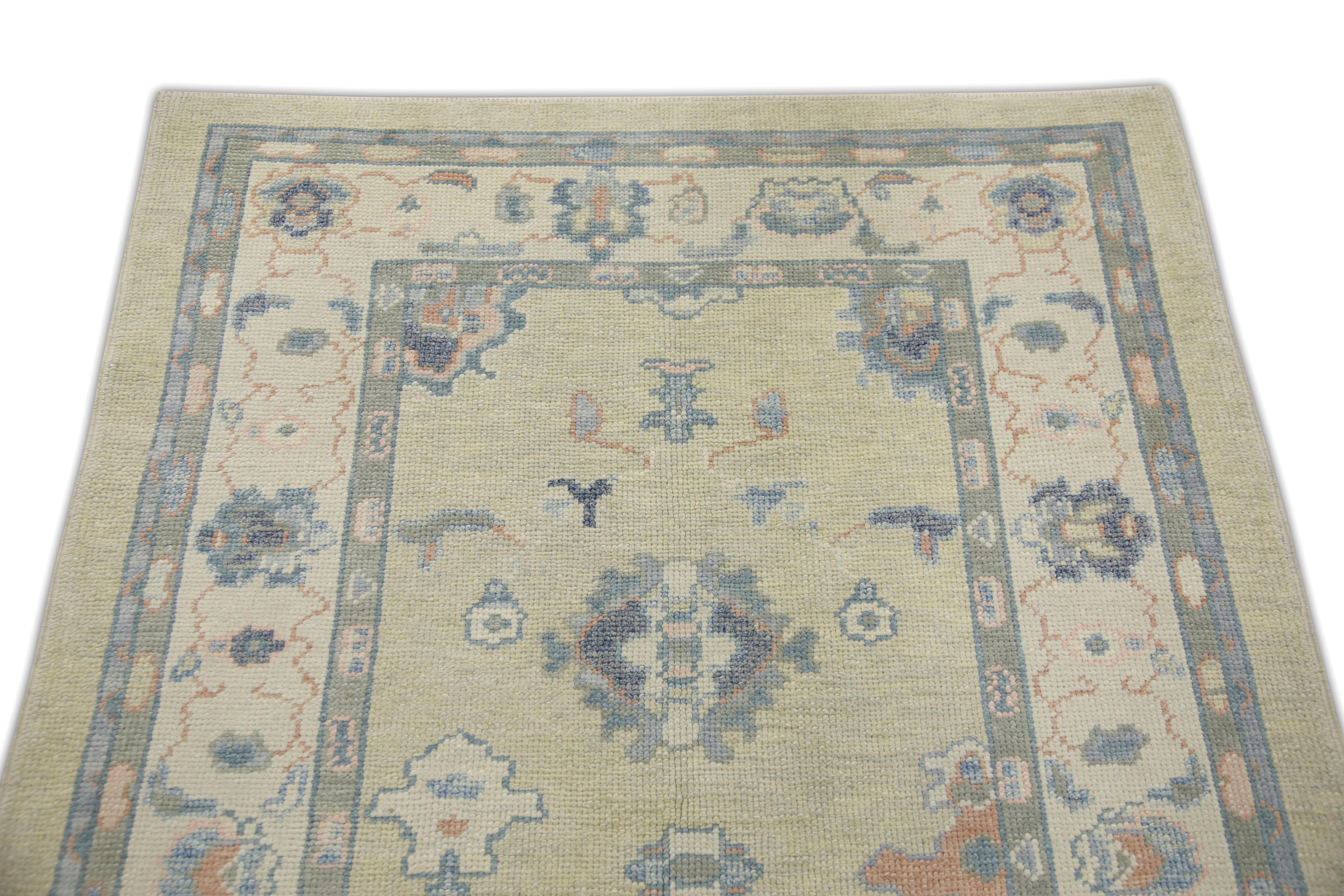 XXIe siècle et contemporain Tapis turc Oushak Vert Bleu Rose Accents Tapis de laine tissé à la main 3'11