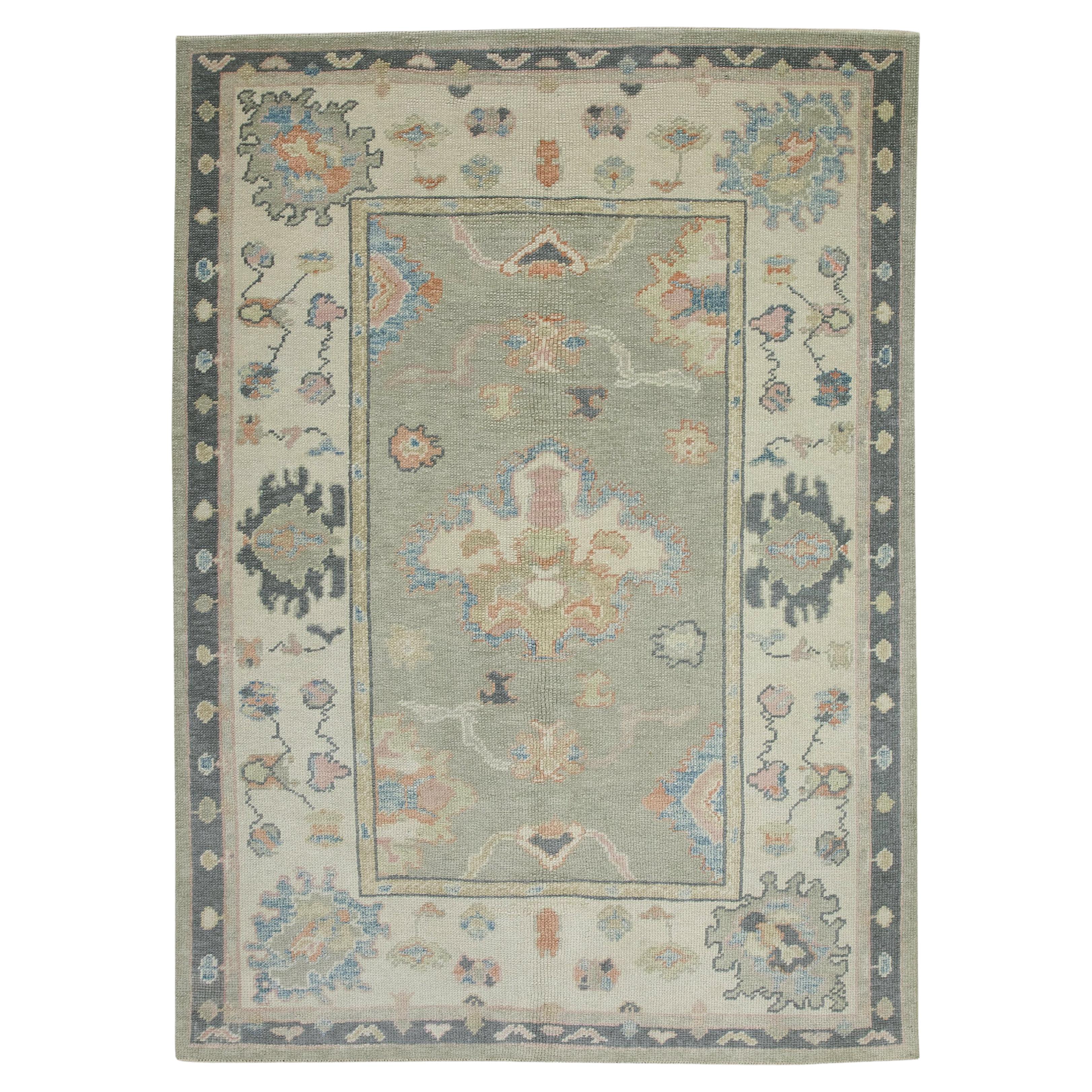 Türkischer Oushak Teppich Grün & Holzkohle Handgewebter Wollteppich 4'8" x 6'5" im Angebot