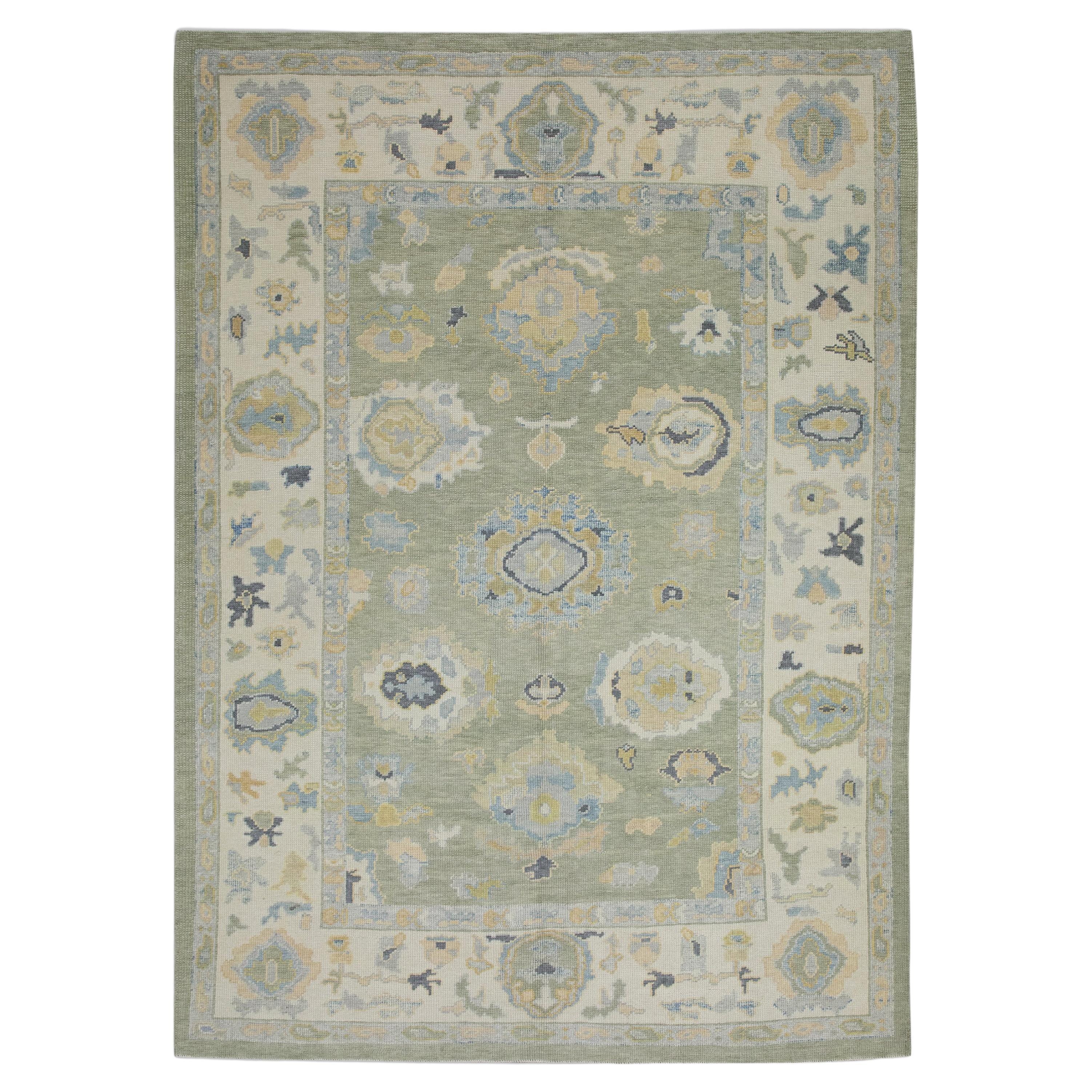 Turkish Oushak Rug Green Ivory And Soft Blue Handwoven Wool Rug 6'1" x 8'3"