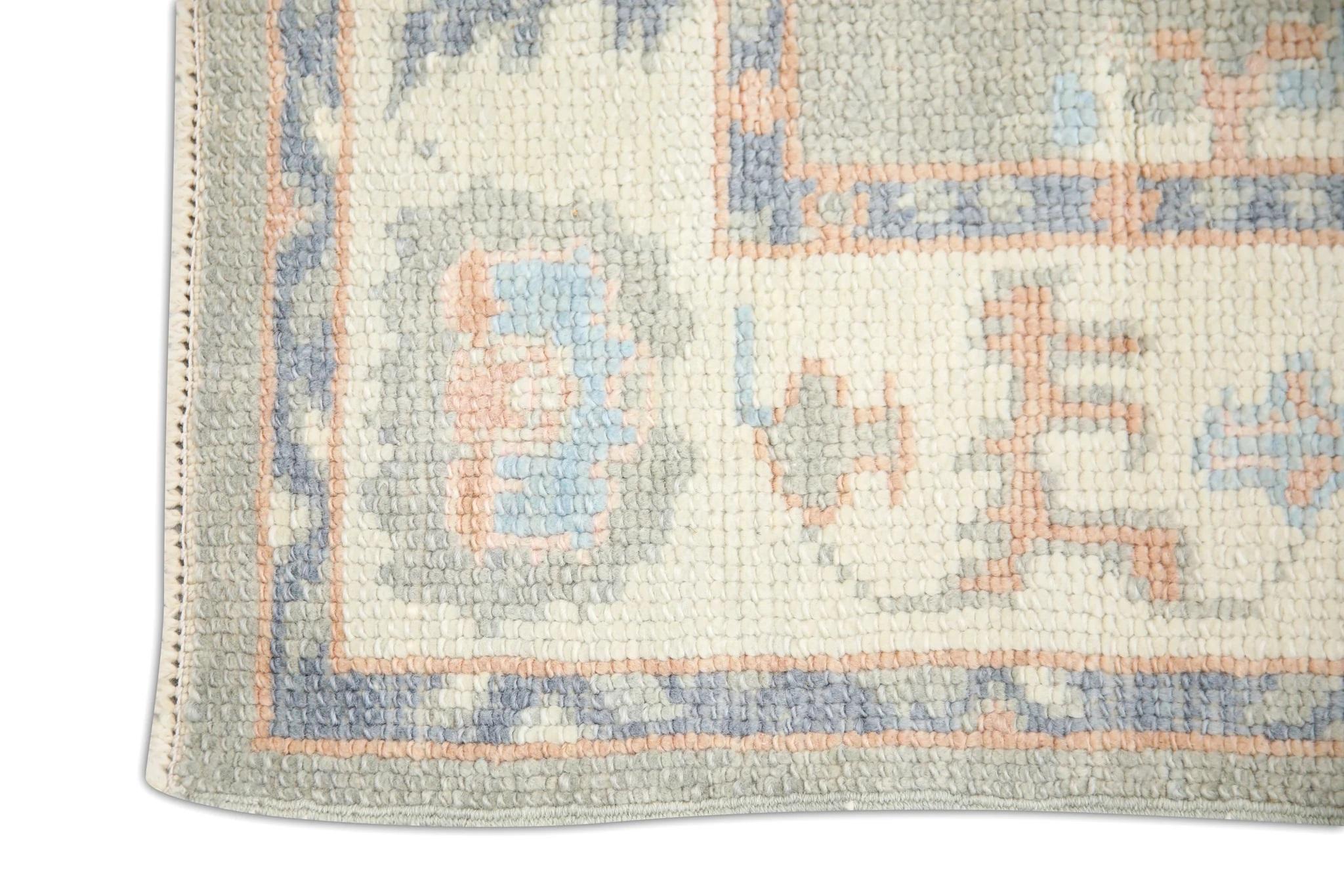 Modern Turkish Oushak Rug Green, Salmon & Blue Floral Handwoven Wool Rug  2'11