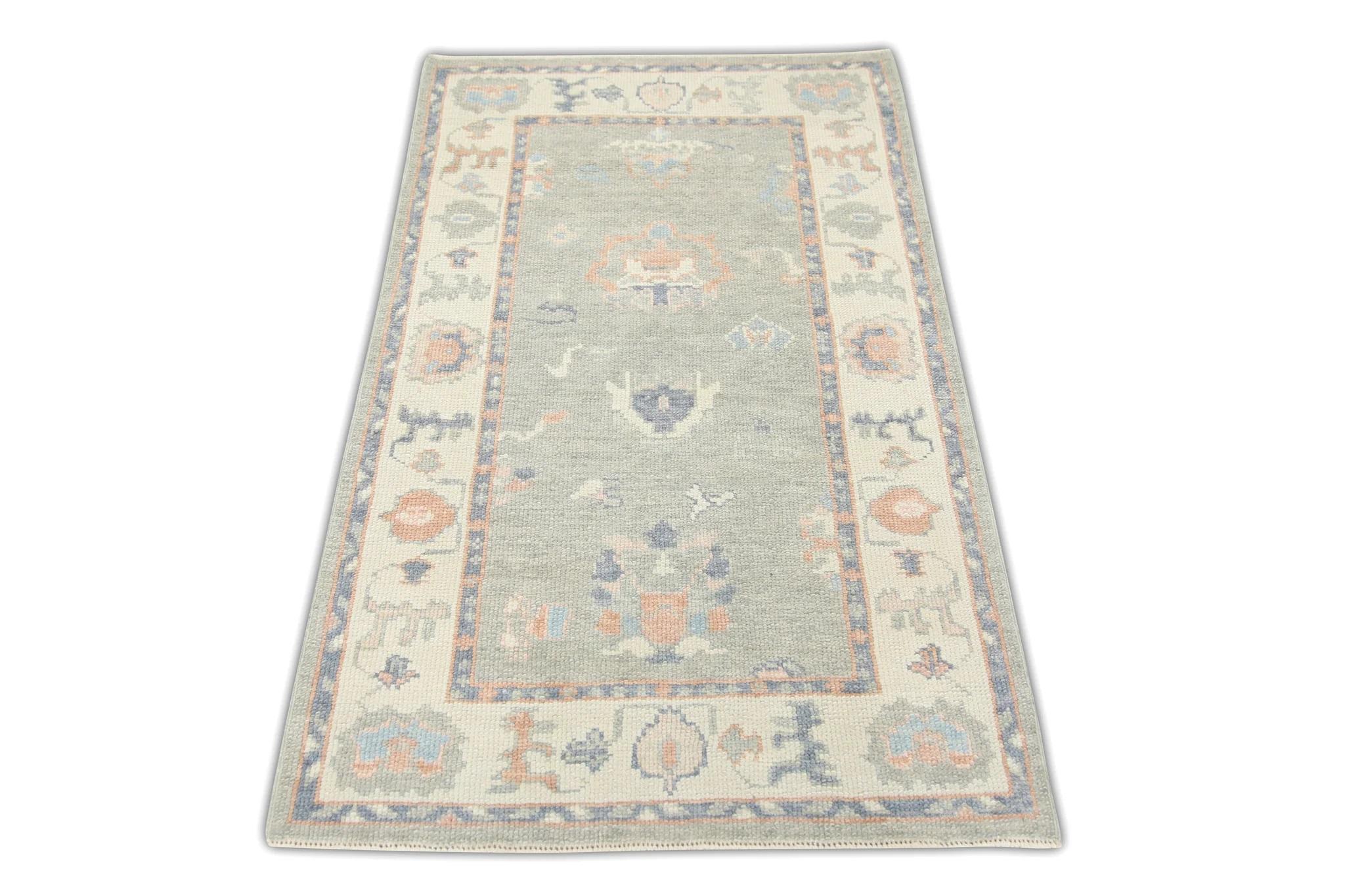 Turkish Oushak Rug Green, Salmon & Blue Floral Handwoven Wool Rug  2'11