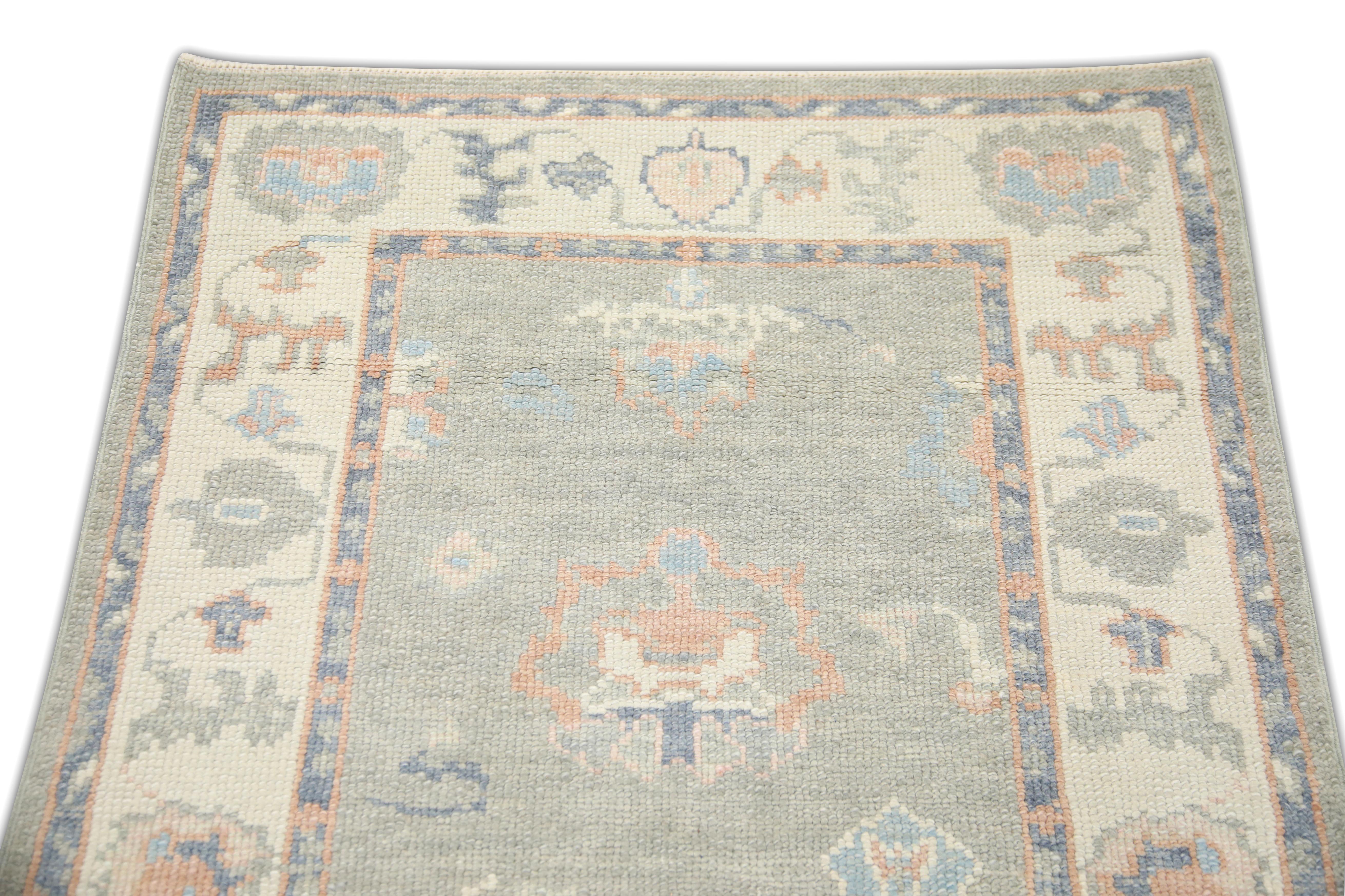 Contemporary Turkish Oushak Rug Green, Salmon & Blue Floral Handwoven Wool Rug  2'11