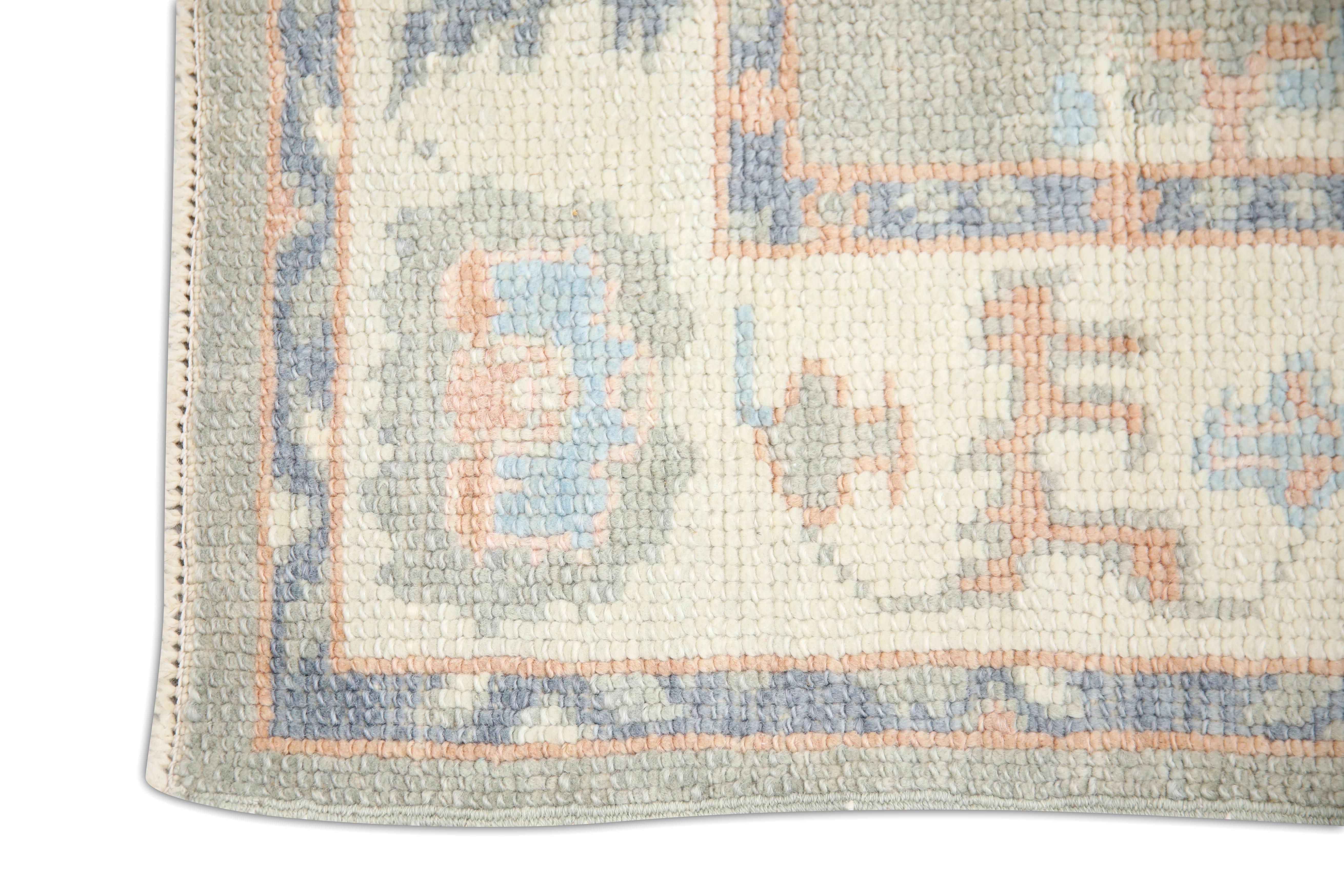 Turkish Oushak Rug Green, Salmon & Blue Floral Handwoven Wool Rug  2'11