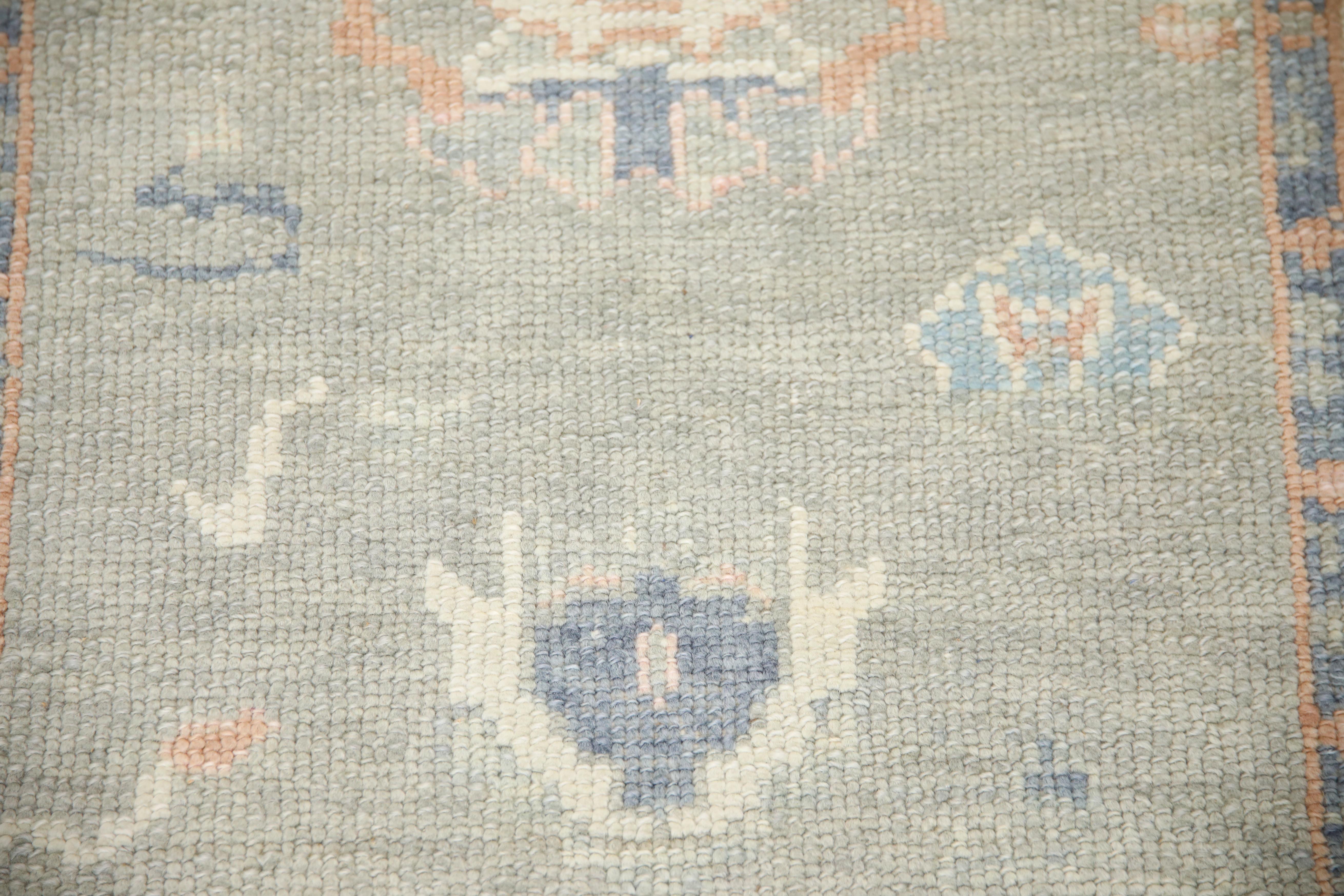 Turkish Oushak Rug Green, Salmon & Blue Floral Handwoven Wool Rug  2'11