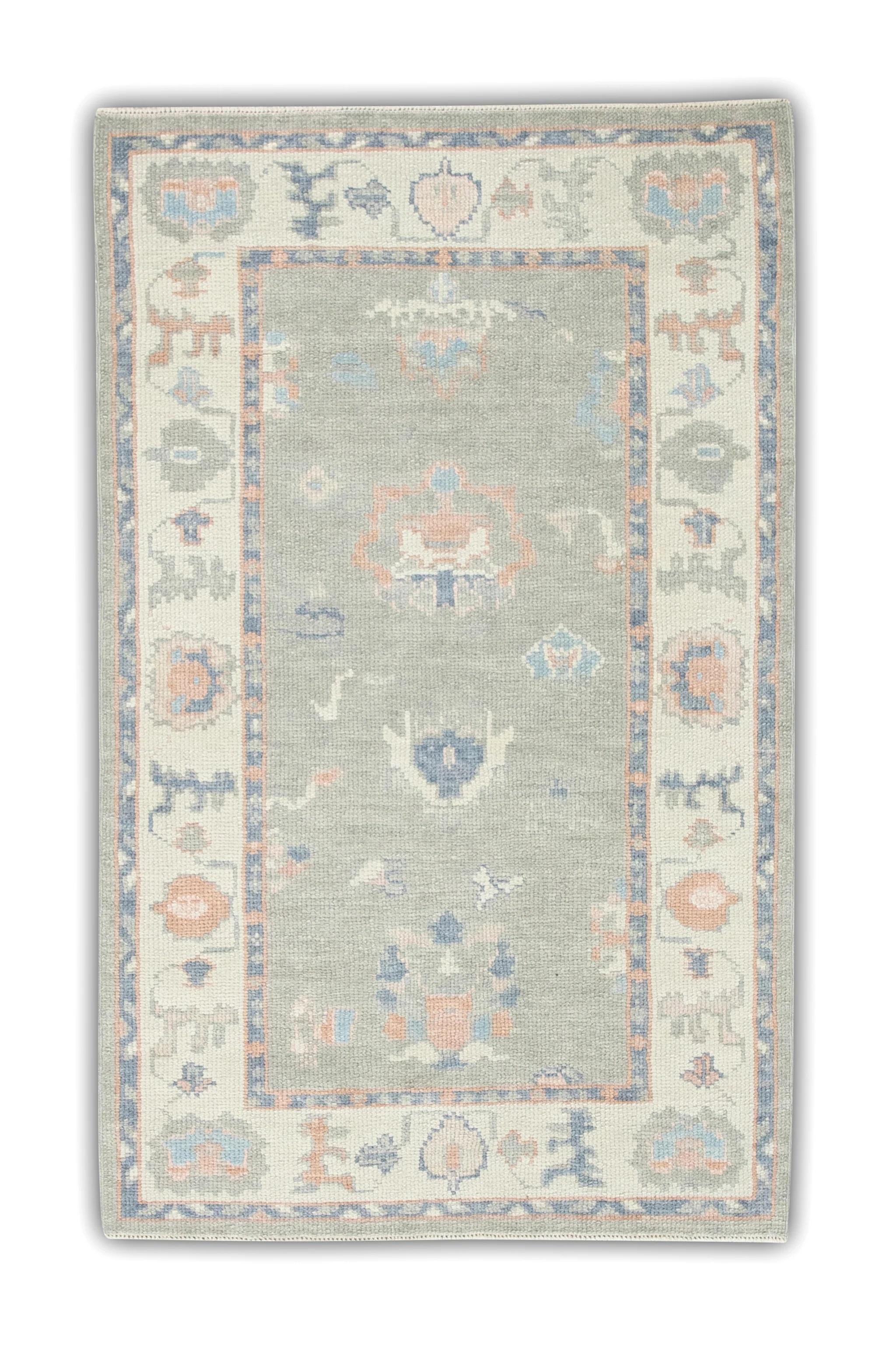 Turkish Oushak Rug Green, Salmon & Blue Floral Handwoven Wool Rug  2'11