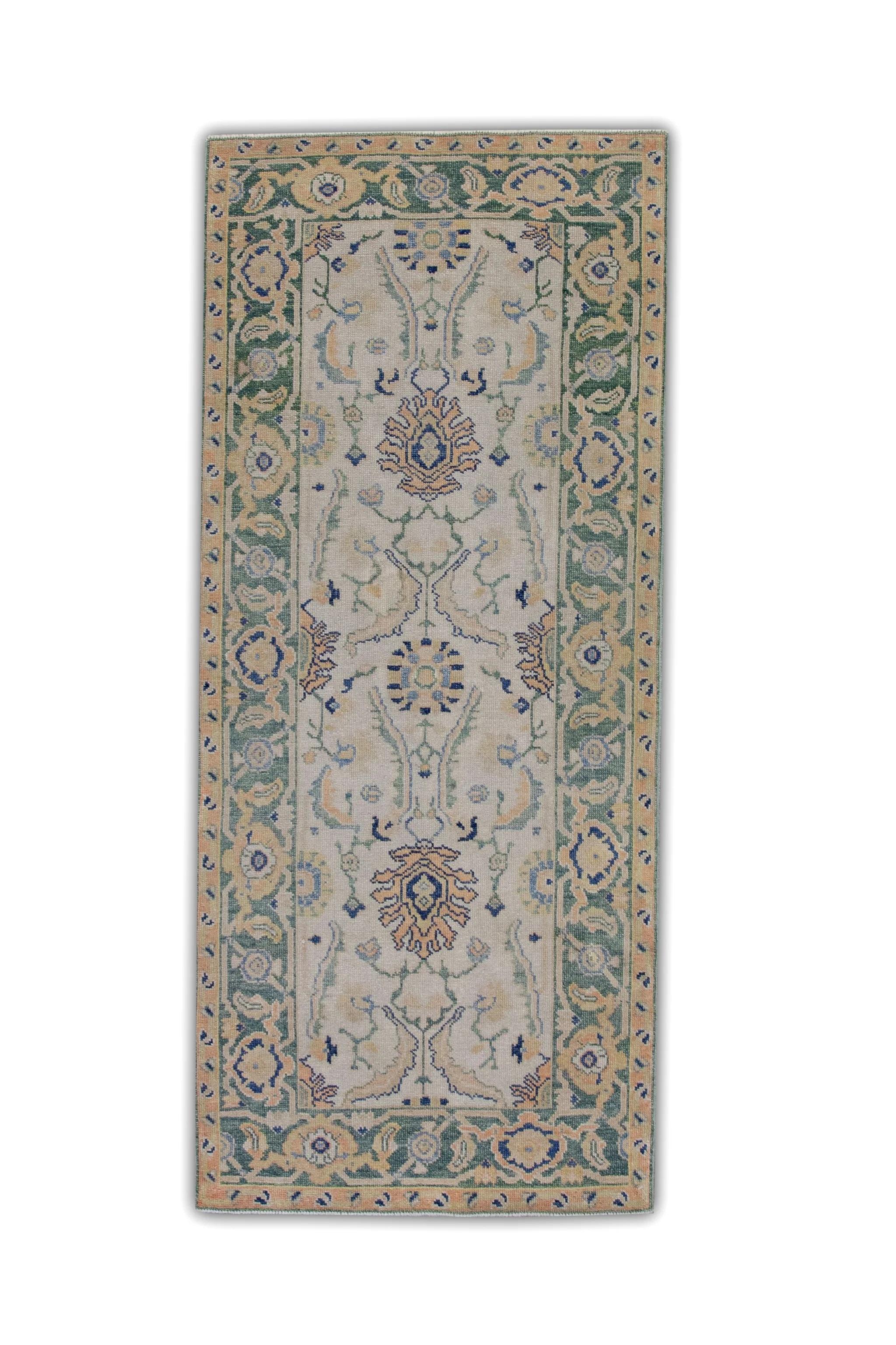 Turkish Oushak Rug Green, Yellow & Blue Handwoven Wool Rug 2'8