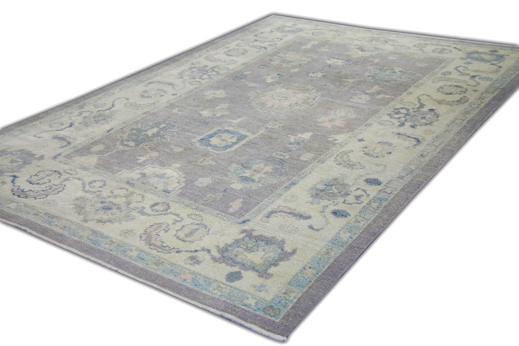 Tappeto turco Oushak fatto a mano in lana viola blu floreale 6'5