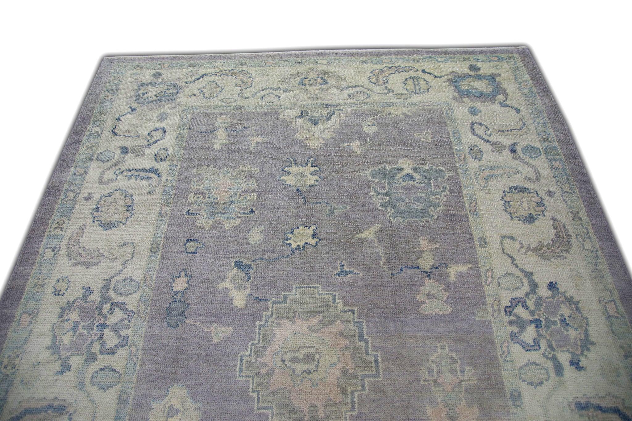 Tintura vegetale Tappeto turco Oushak fatto a mano in lana viola blu floreale 6'5