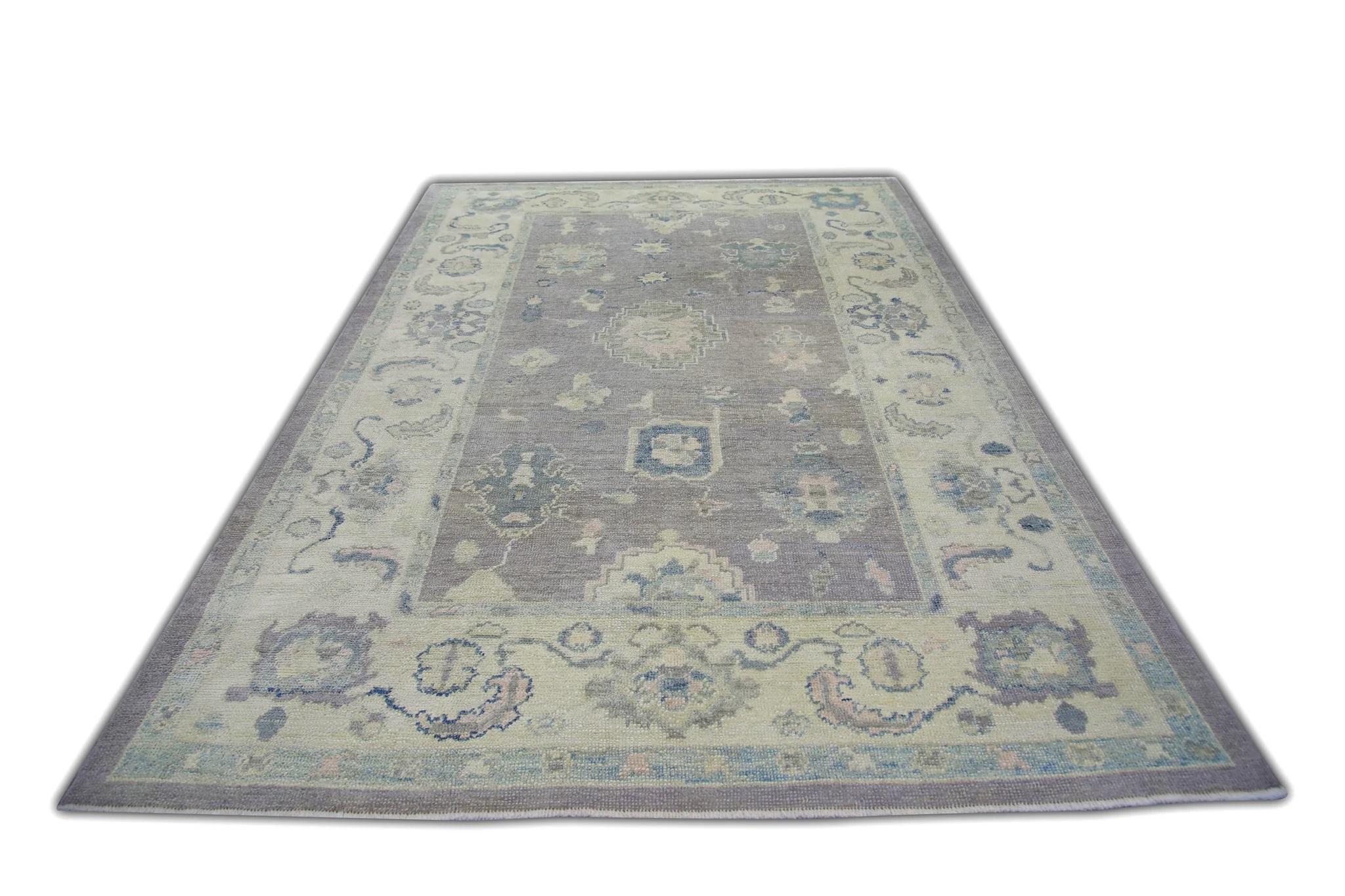 Tappeto turco Oushak fatto a mano in lana viola blu floreale 6'5
