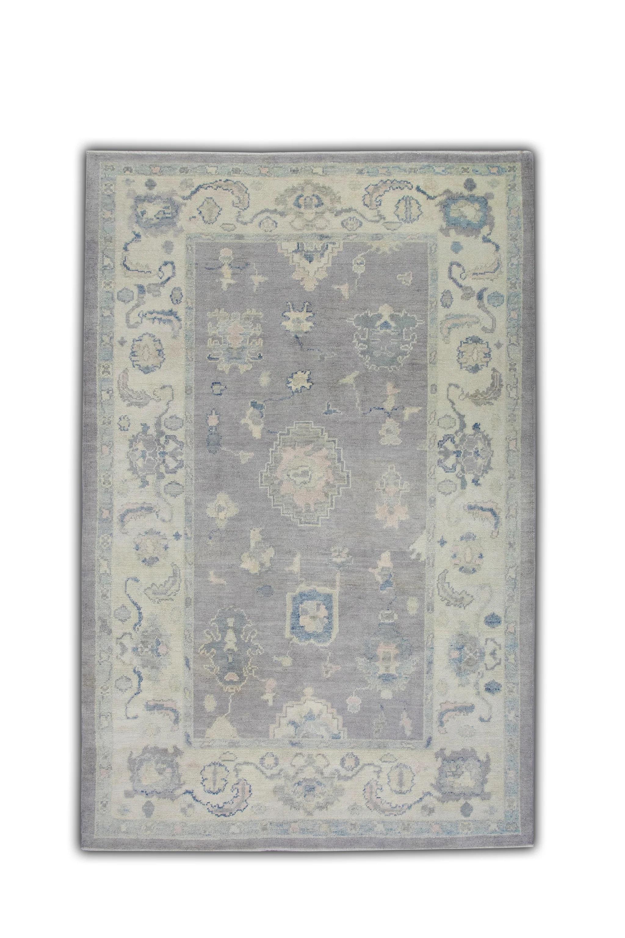 XXI secolo e contemporaneo Tappeto turco Oushak fatto a mano in lana viola blu floreale 6'5