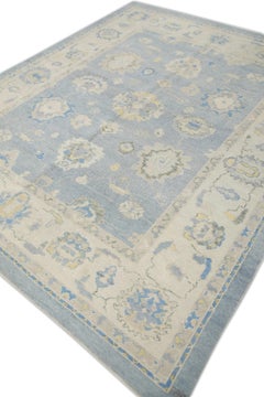Turkish Oushak Rug Handwoven Blue Yellow Wool Floral 8' x 9'10"