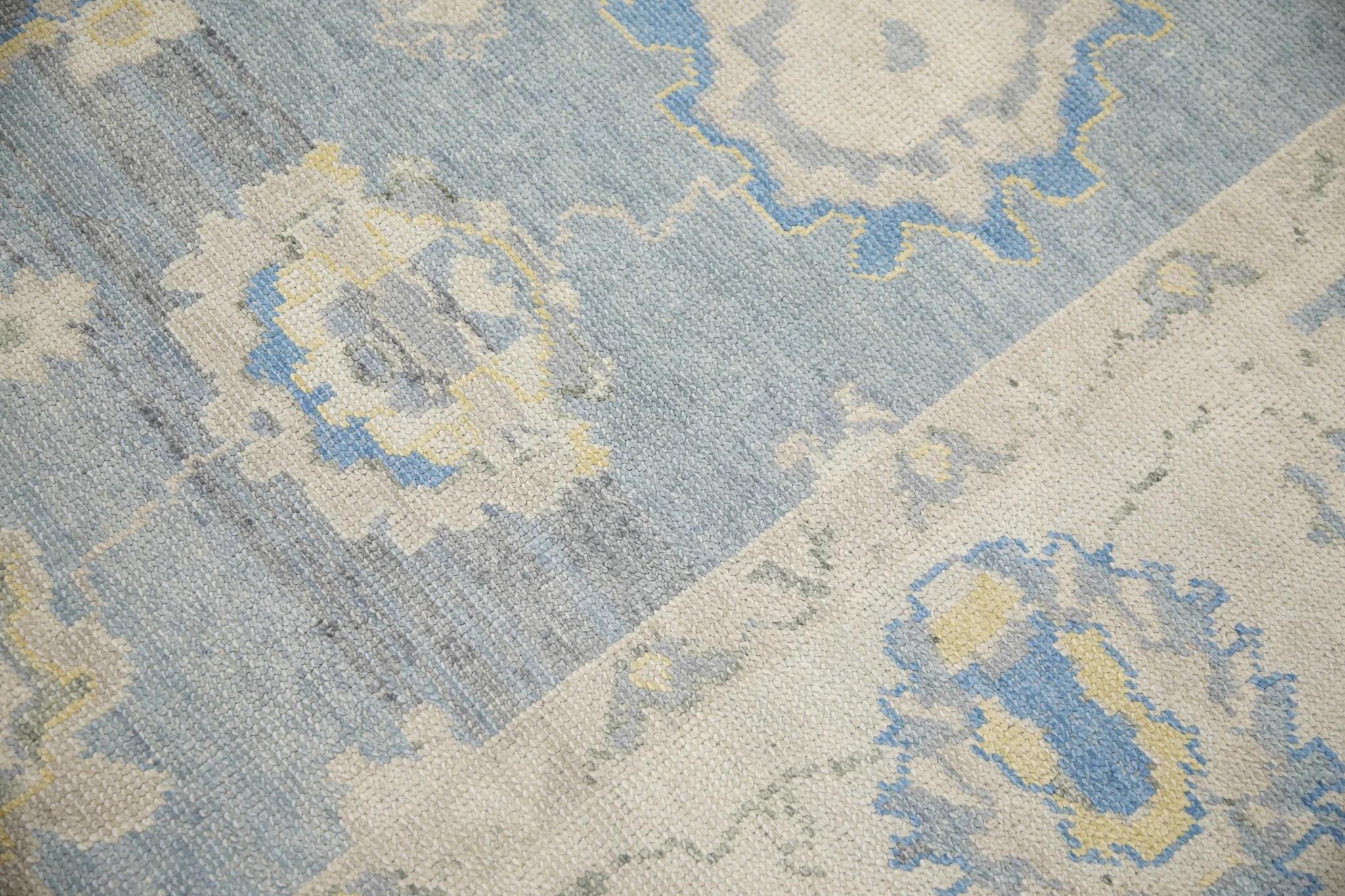 Alfombra Turca Oushak Tejida a Mano Floral de Lana Azul Amarilla 8' x 9'10 Moderno en venta