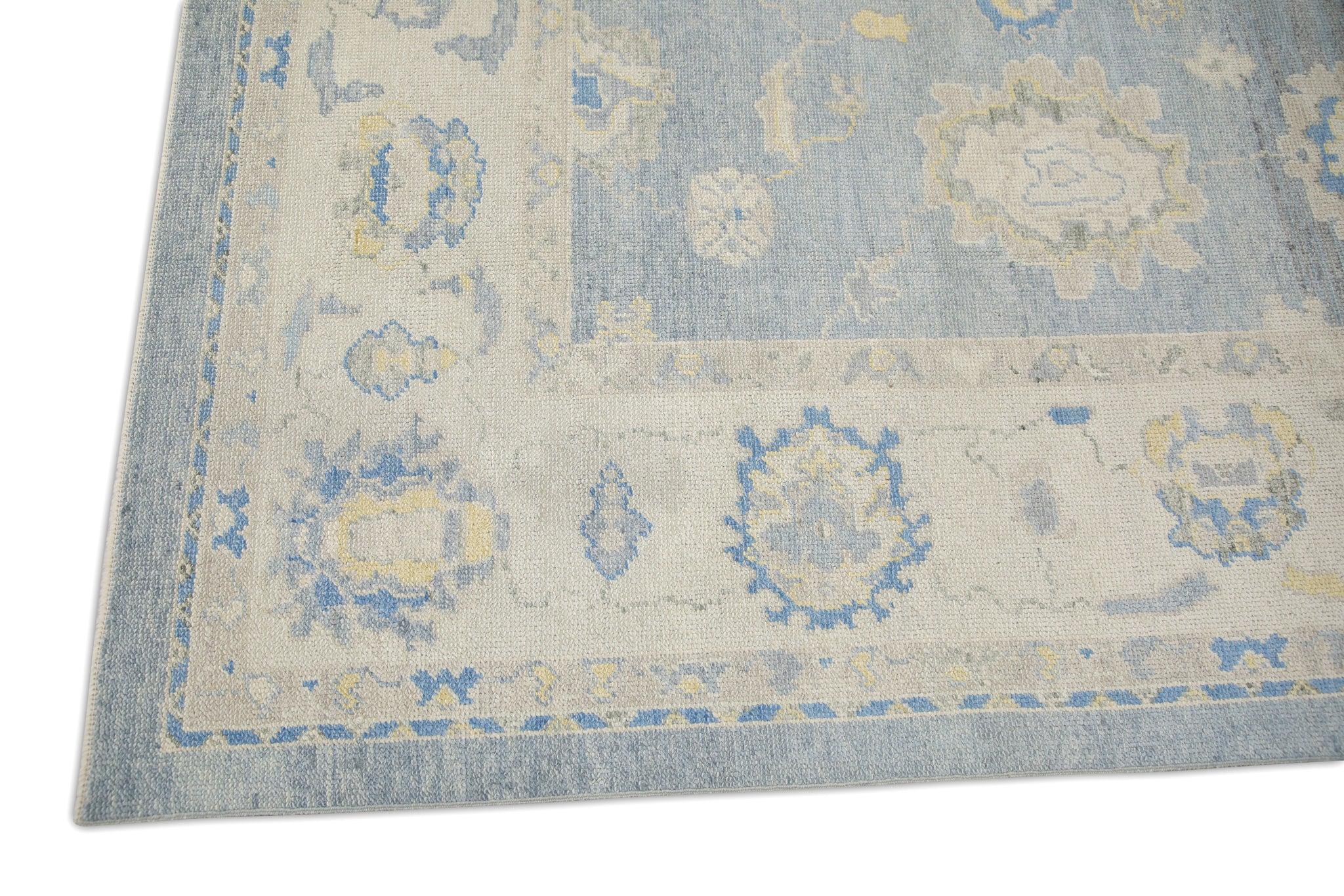 Alfombra Turca Oushak Tejida a Mano Floral de Lana Azul Amarilla 8' x 9'10 Turco en venta