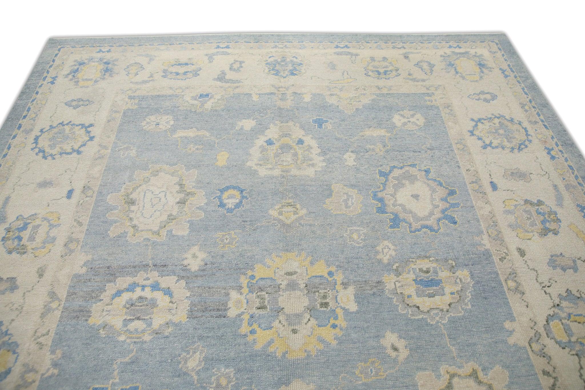 Alfombra Turca Oushak Tejida a Mano Floral de Lana Azul Amarilla 8' x 9'10 Tejido a mano en venta