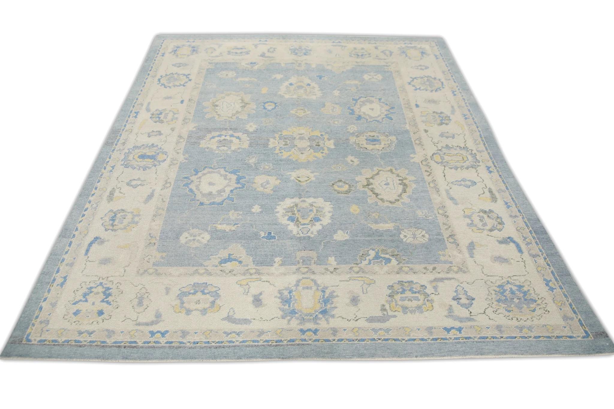 Alfombra Turca Oushak Tejida a Mano Floral de Lana Azul Amarilla 8' x 9'10 en Nuevo estado para la venta en Houston, TX