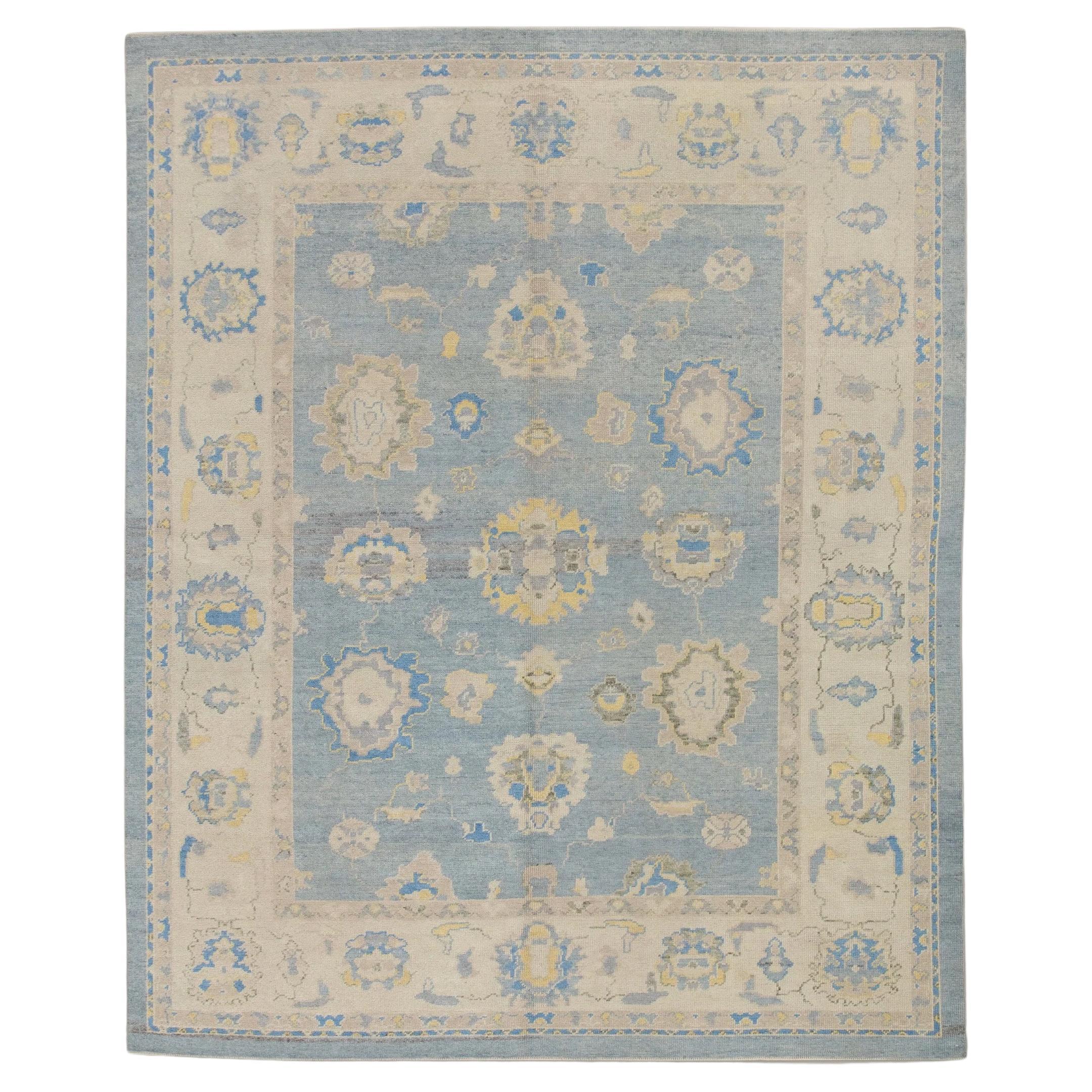 Alfombra Turca Oushak Tejida a Mano Floral de Lana Azul Amarilla 8' x 9'10 en venta