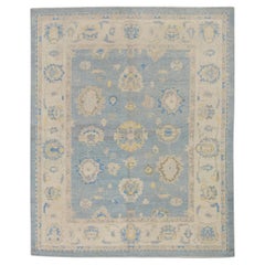 Turkish Oushak Rug Handwoven Blue Yellow Wool Floral 8' x 9'10"