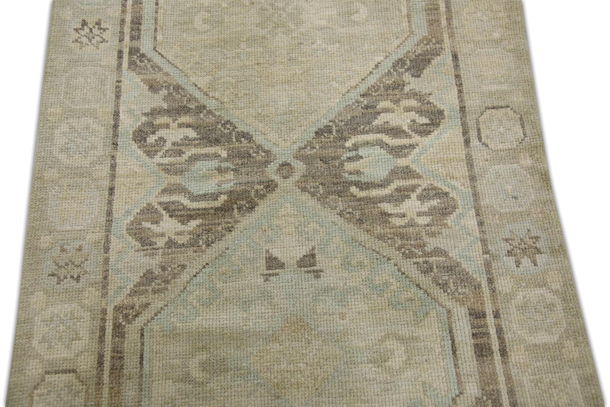 Turkish Oushak Rug Handwoven Brown & Blue Medallion Design Rug 3'1