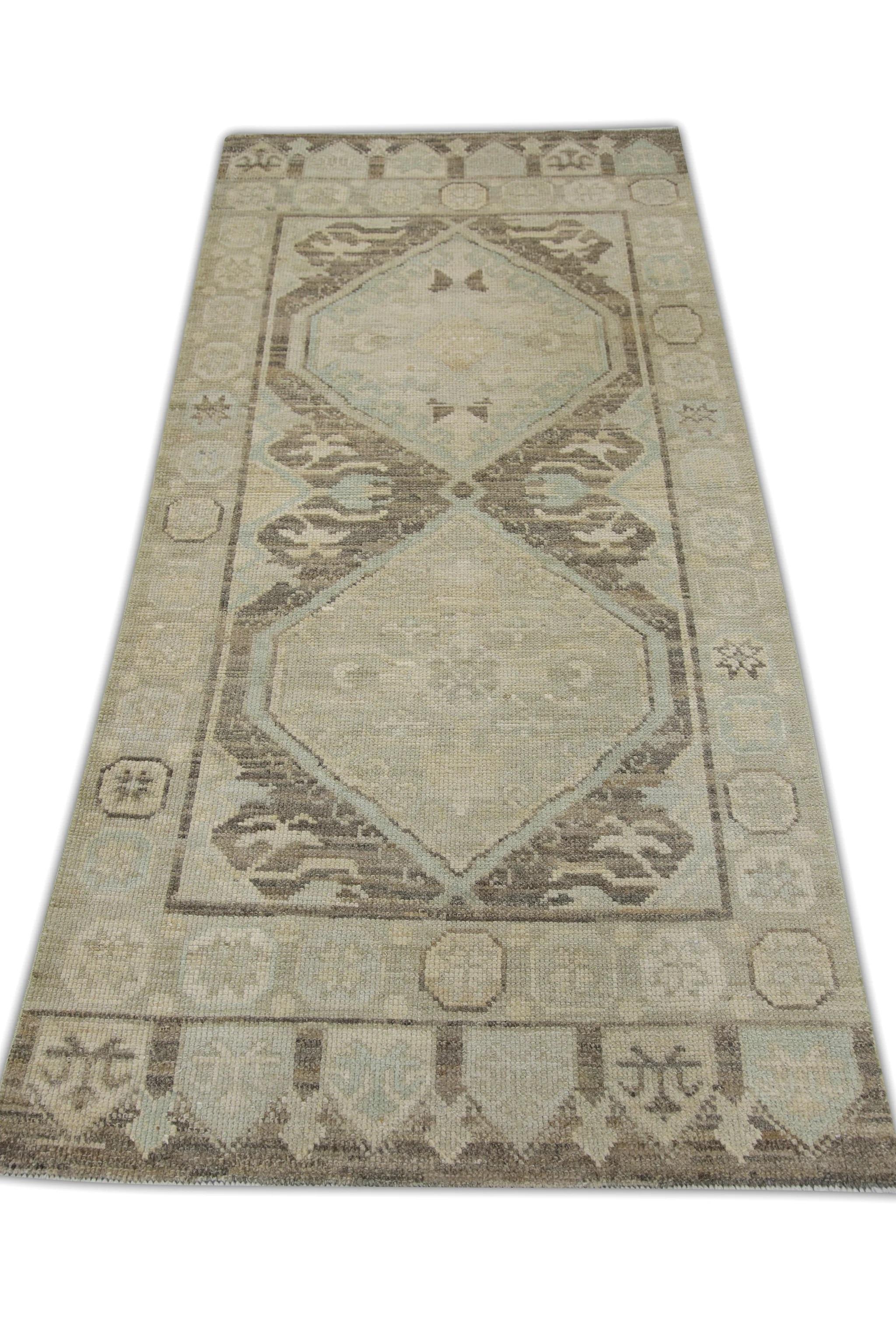 Contemporary Turkish Oushak Rug Handwoven Brown & Blue Medallion Design Rug 3'1