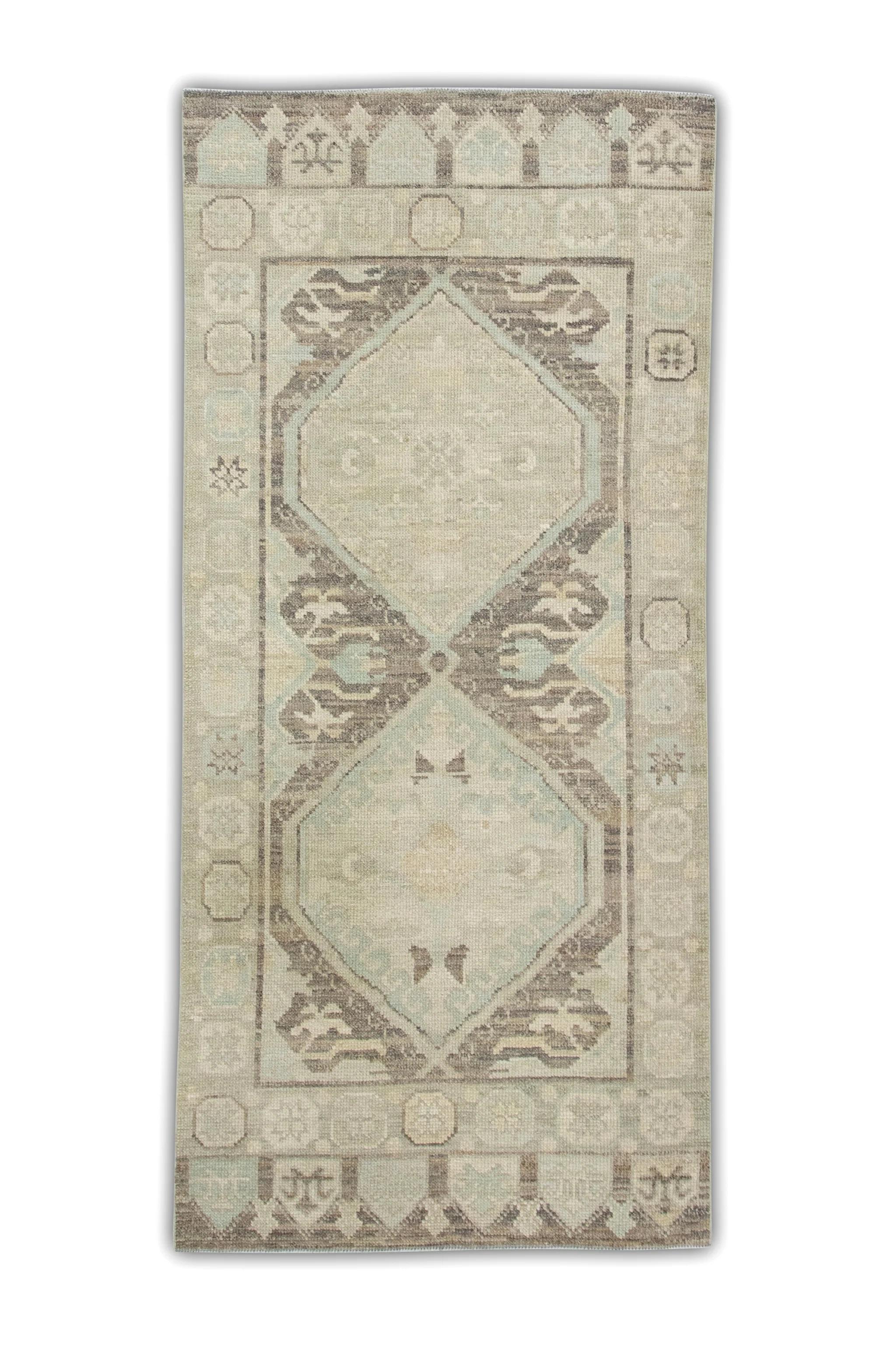 Wool Turkish Oushak Rug Handwoven Brown & Blue Medallion Design Rug 3'1