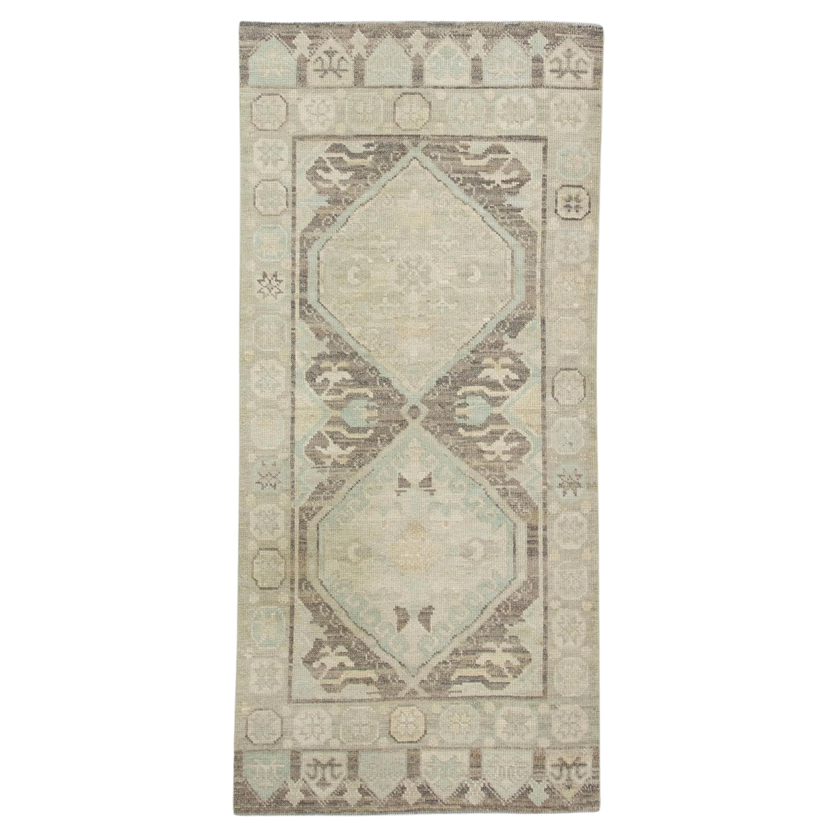Turkish Oushak Rug Handwoven Brown & Blue Medallion Design Rug 3'1" x 6'5" For Sale
