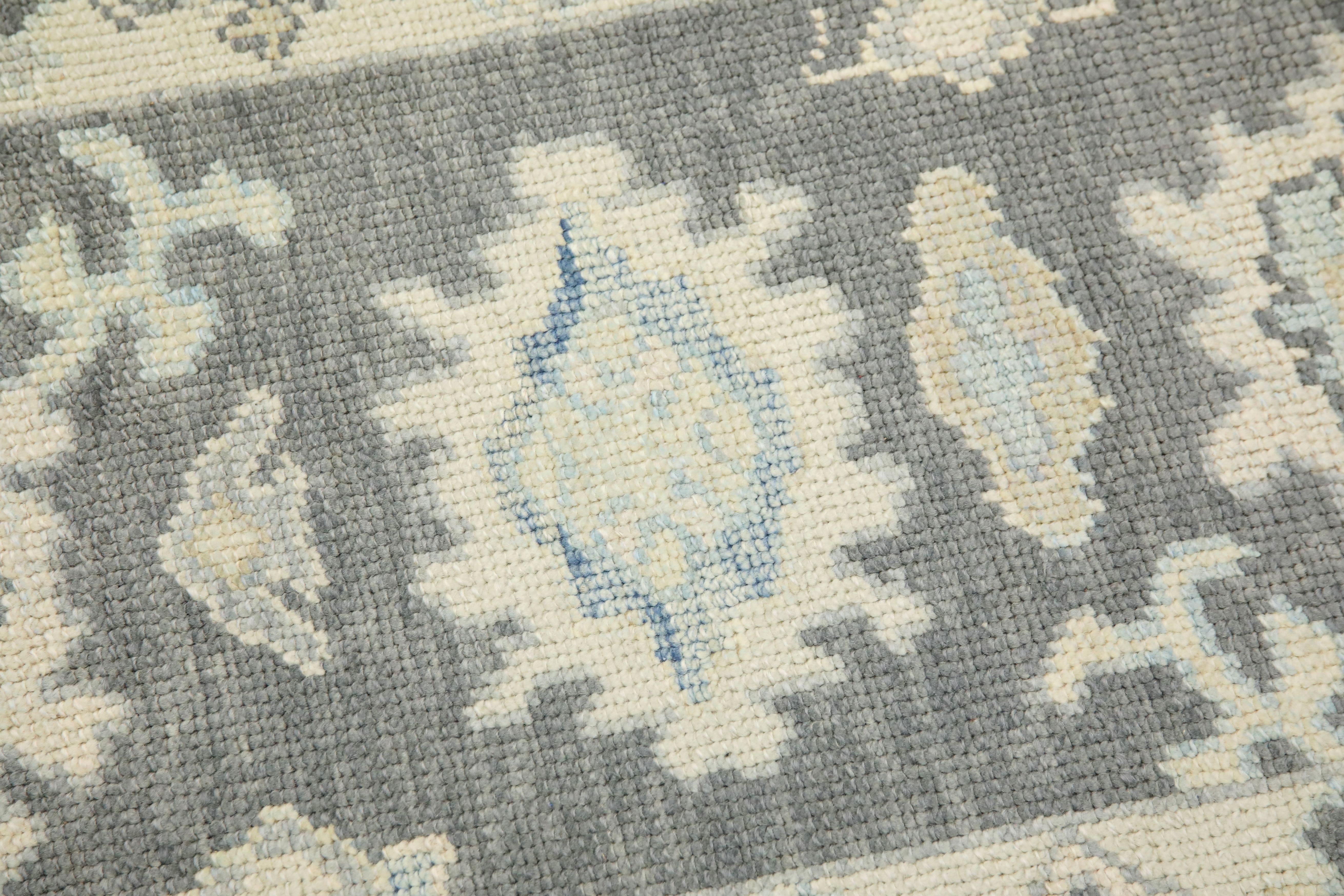 Turkish Oushak Rug Handwoven Gray Blue Floral Wool Design 2'3