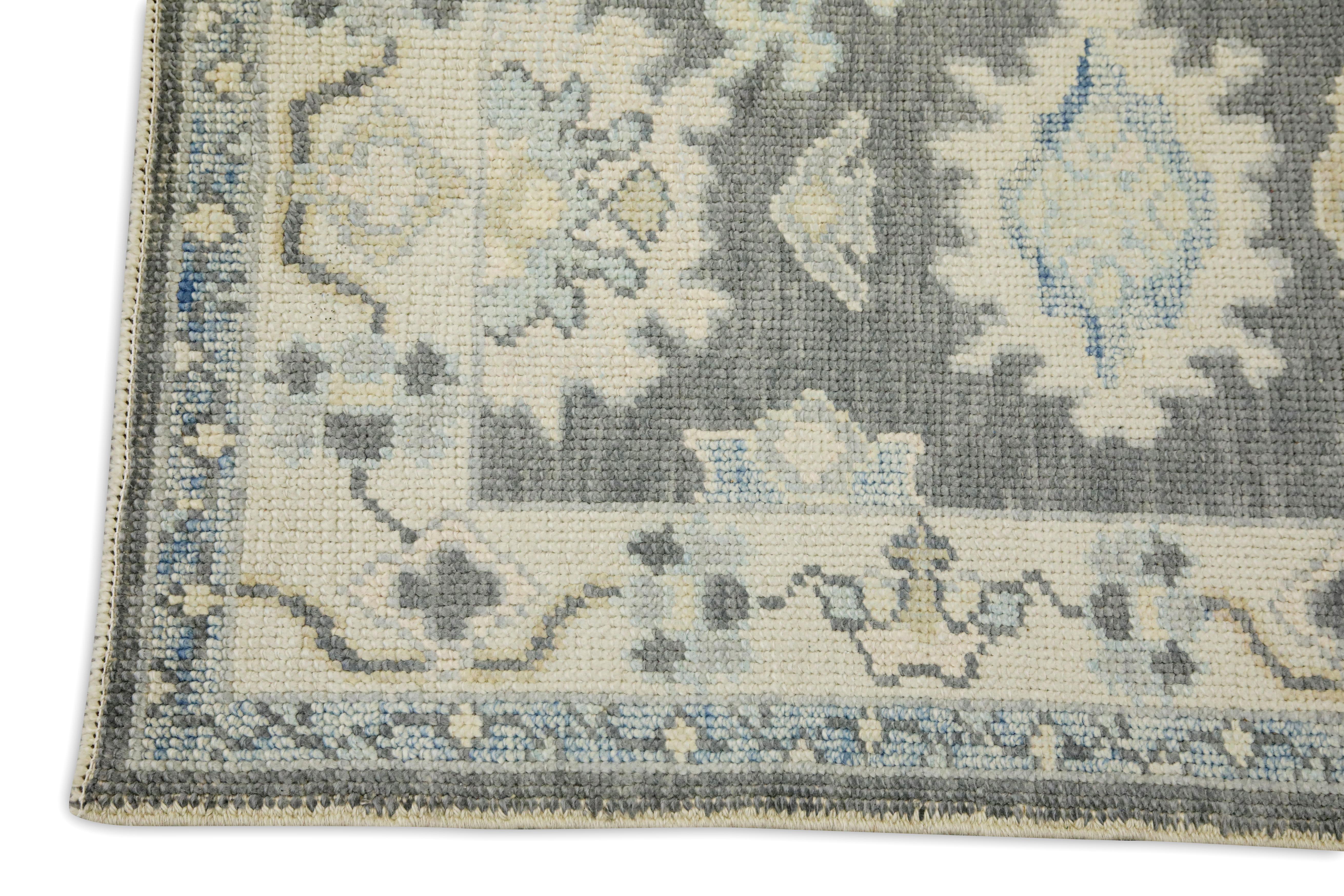 Vegetable Dyed Turkish Oushak Rug Handwoven Gray Blue Floral Wool Design 2'3