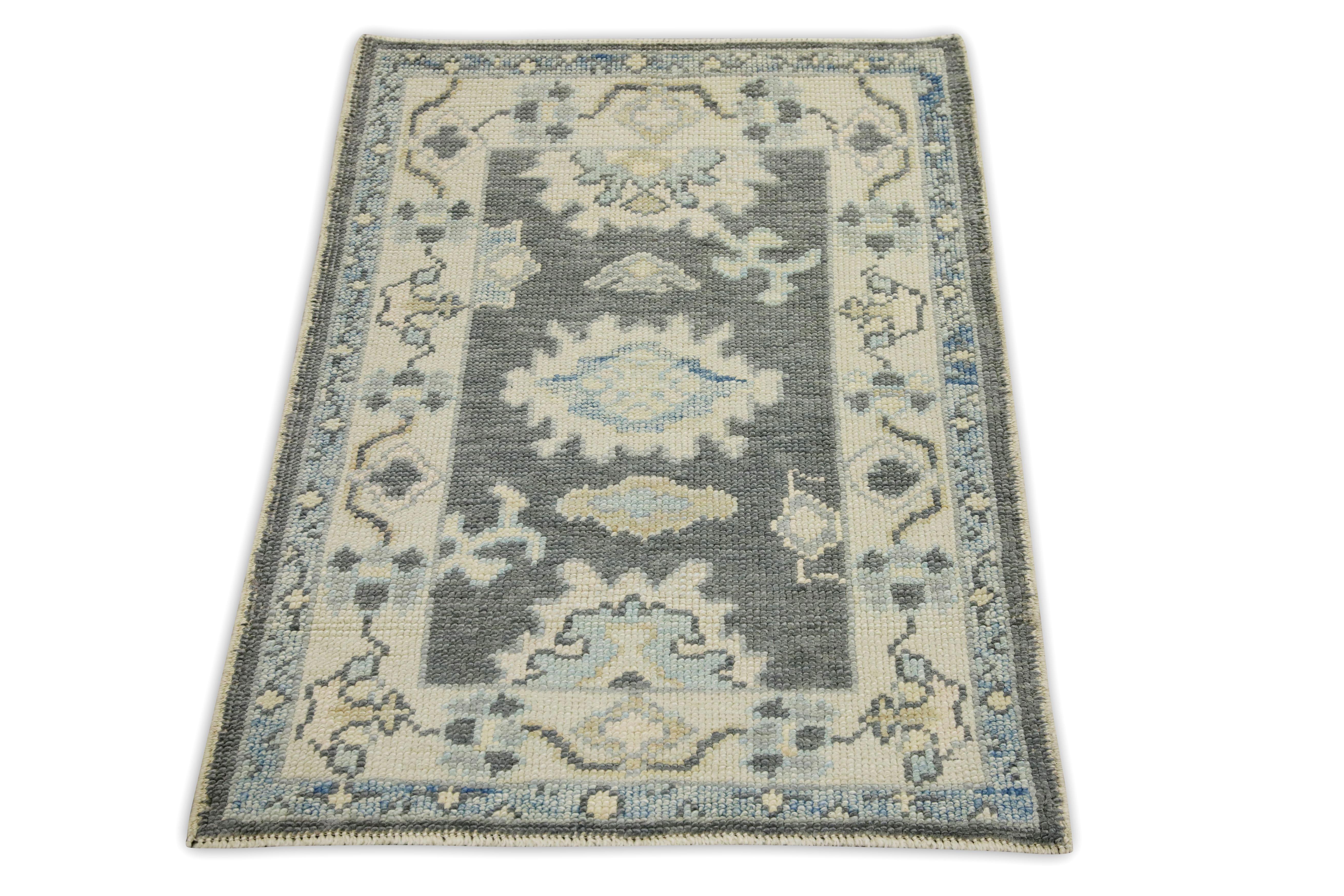 Turkish Oushak Rug Handwoven Gray Blue Floral Wool Design 2'3