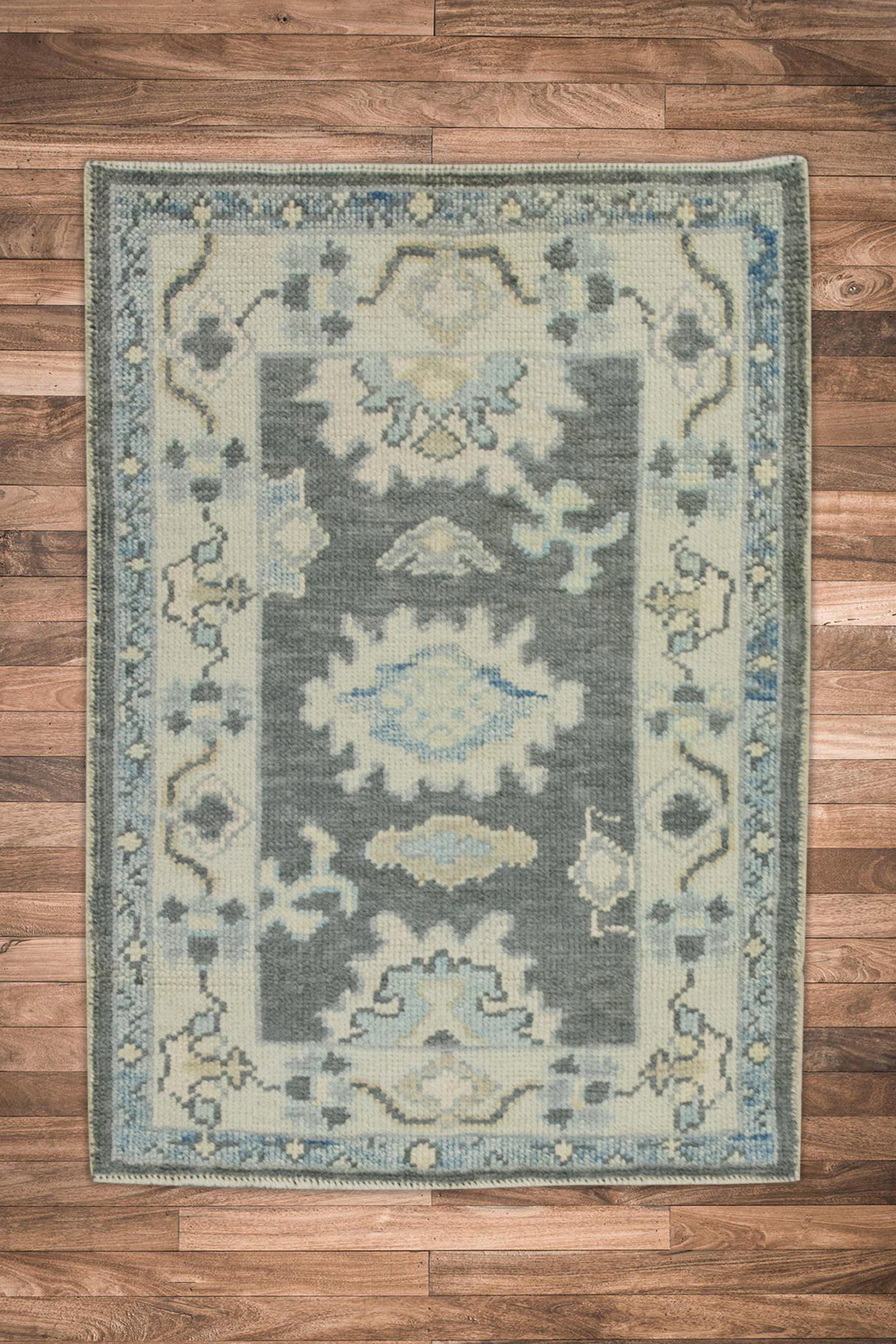 Contemporary Turkish Oushak Rug Handwoven Gray Blue Floral Wool Design 2'3