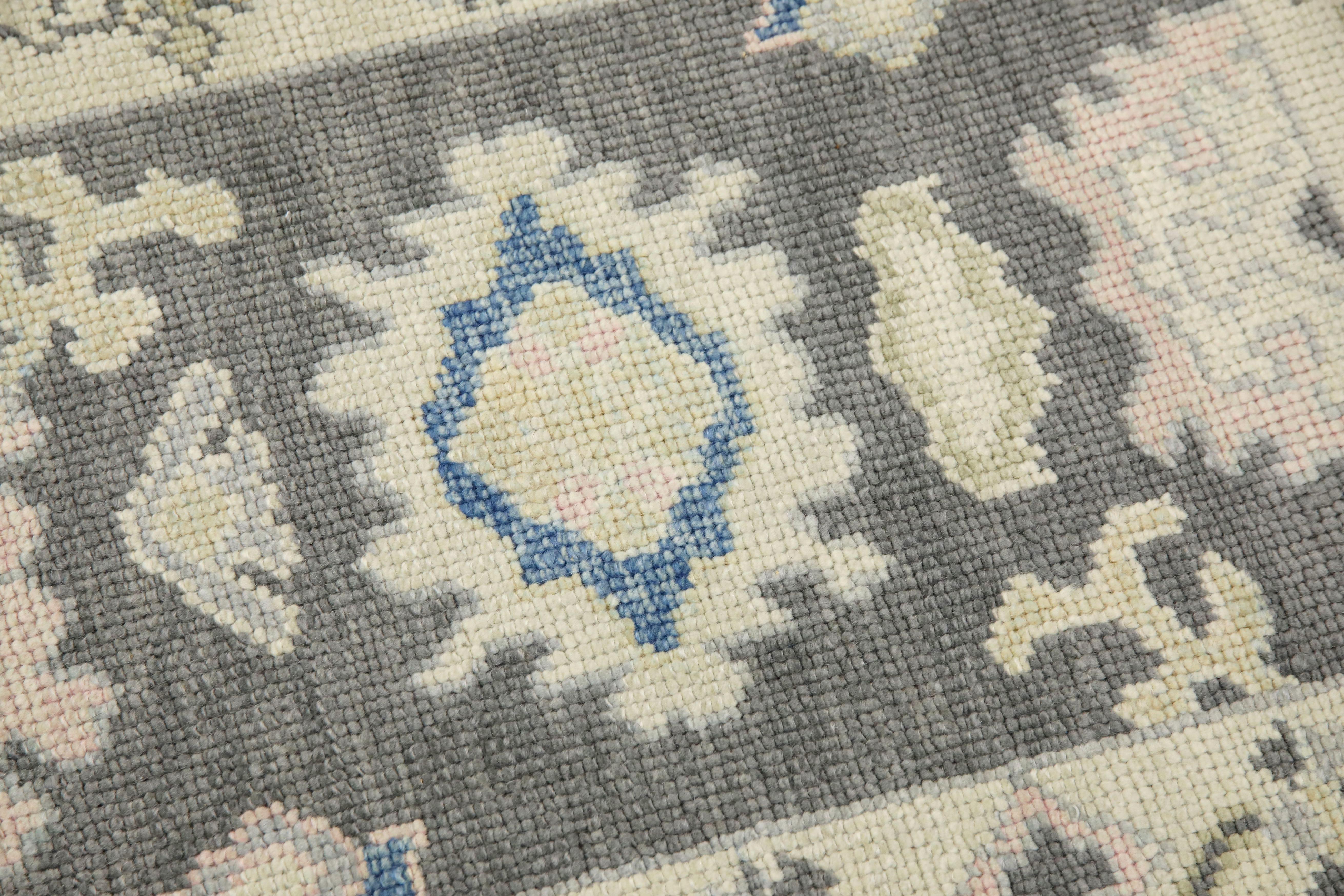 Turkish Oushak Rug Handwoven Gray Blue & Pink Wool 2'2