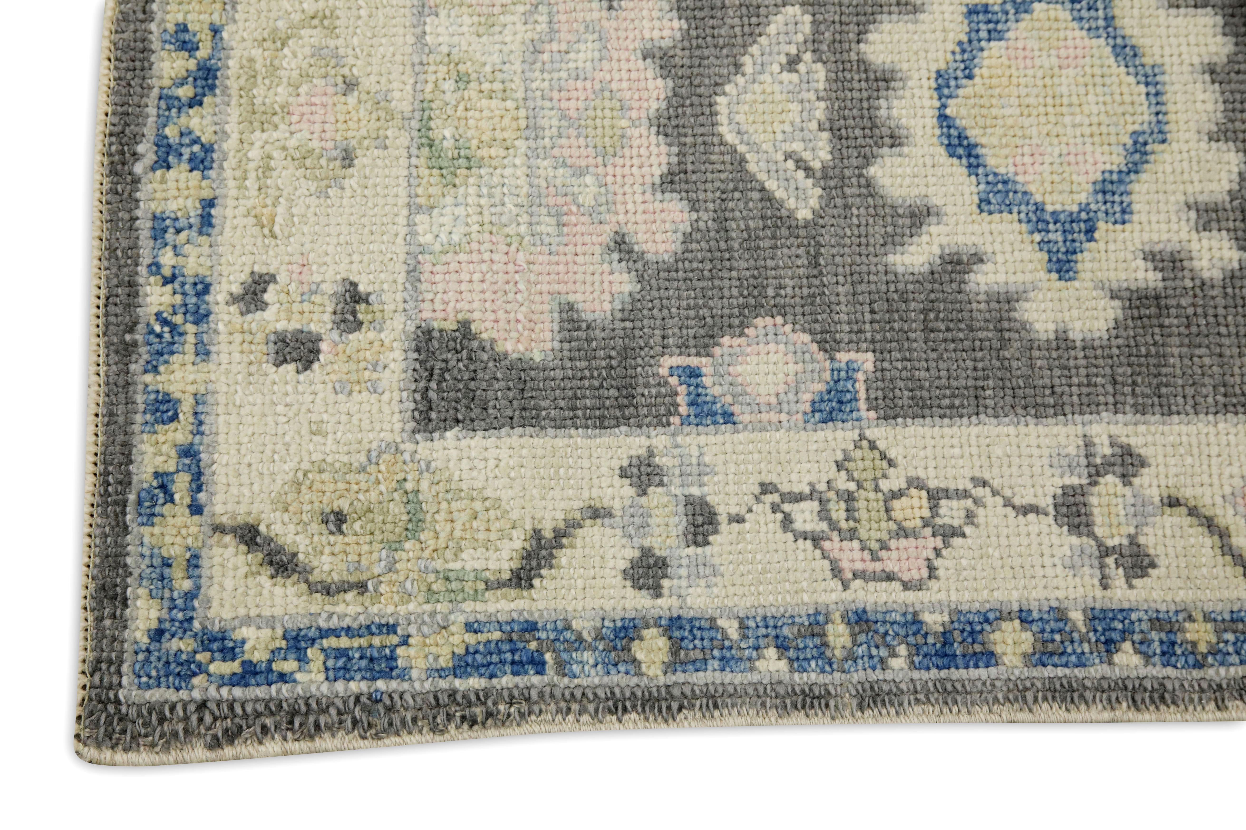 Hand-Woven Turkish Oushak Rug Handwoven Gray Blue & Pink Wool 2'2