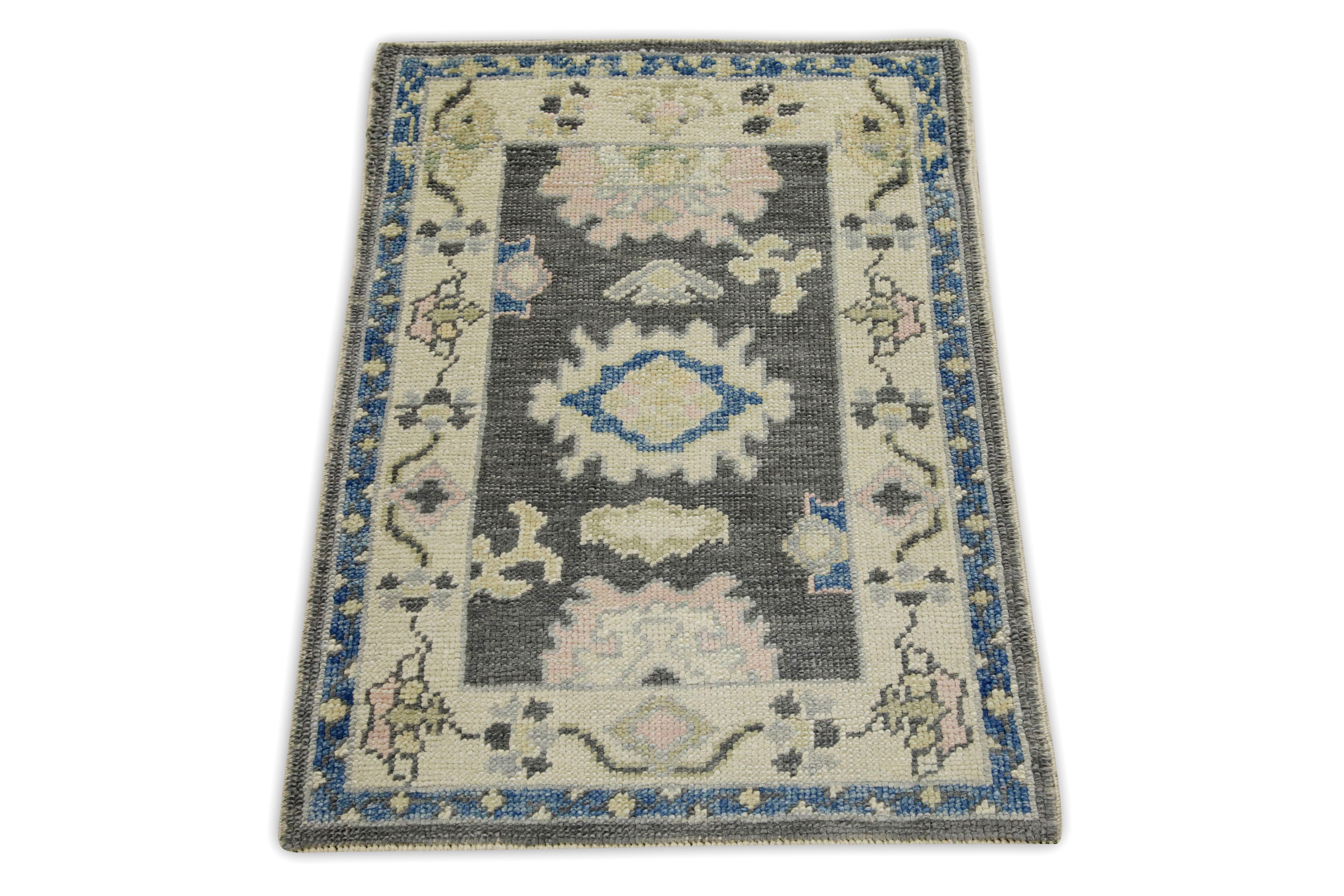 Turkish Oushak Rug Handwoven Gray Blue & Pink Wool 2'2