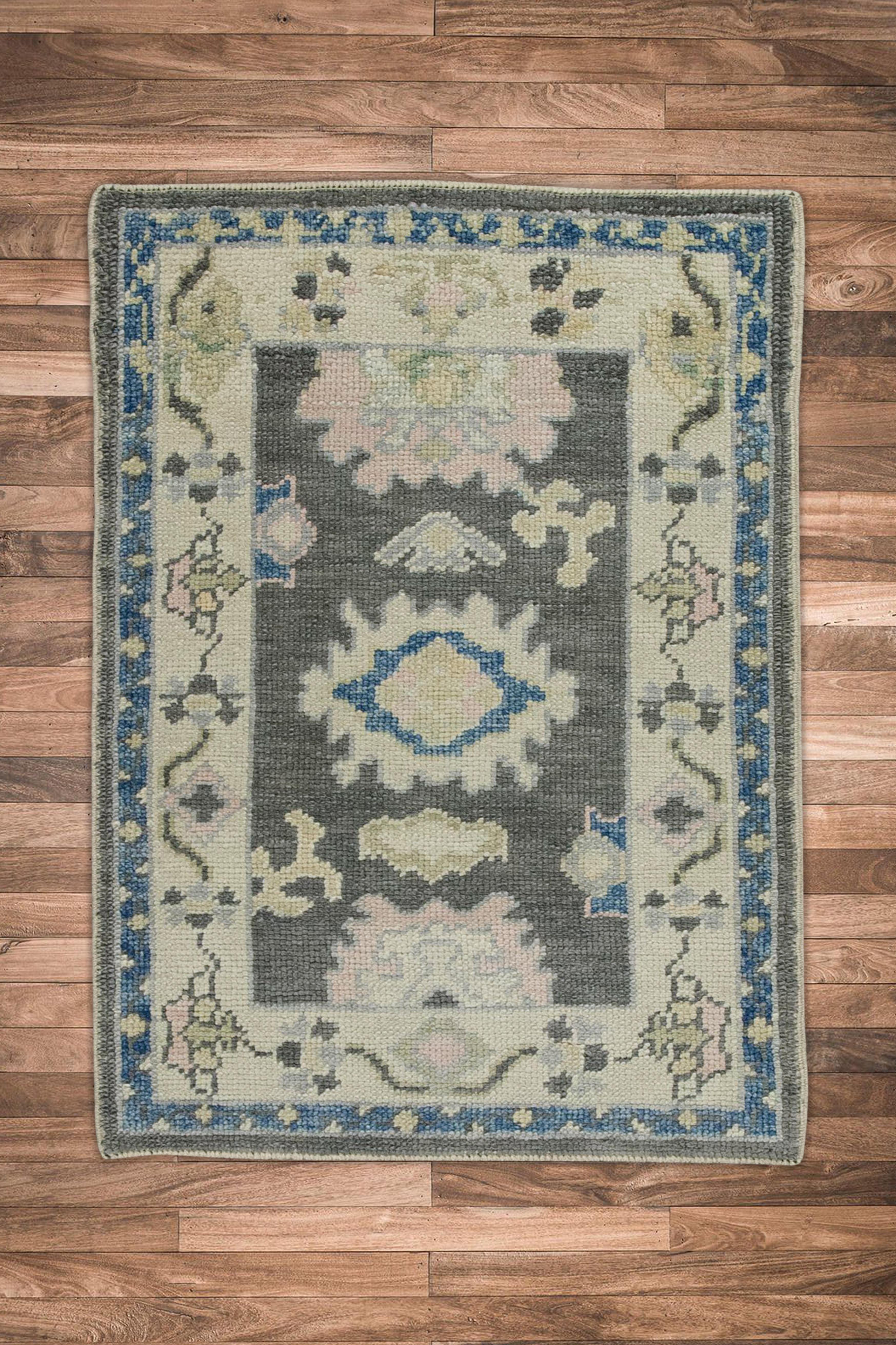 Contemporary Turkish Oushak Rug Handwoven Gray Blue & Pink Wool 2'2
