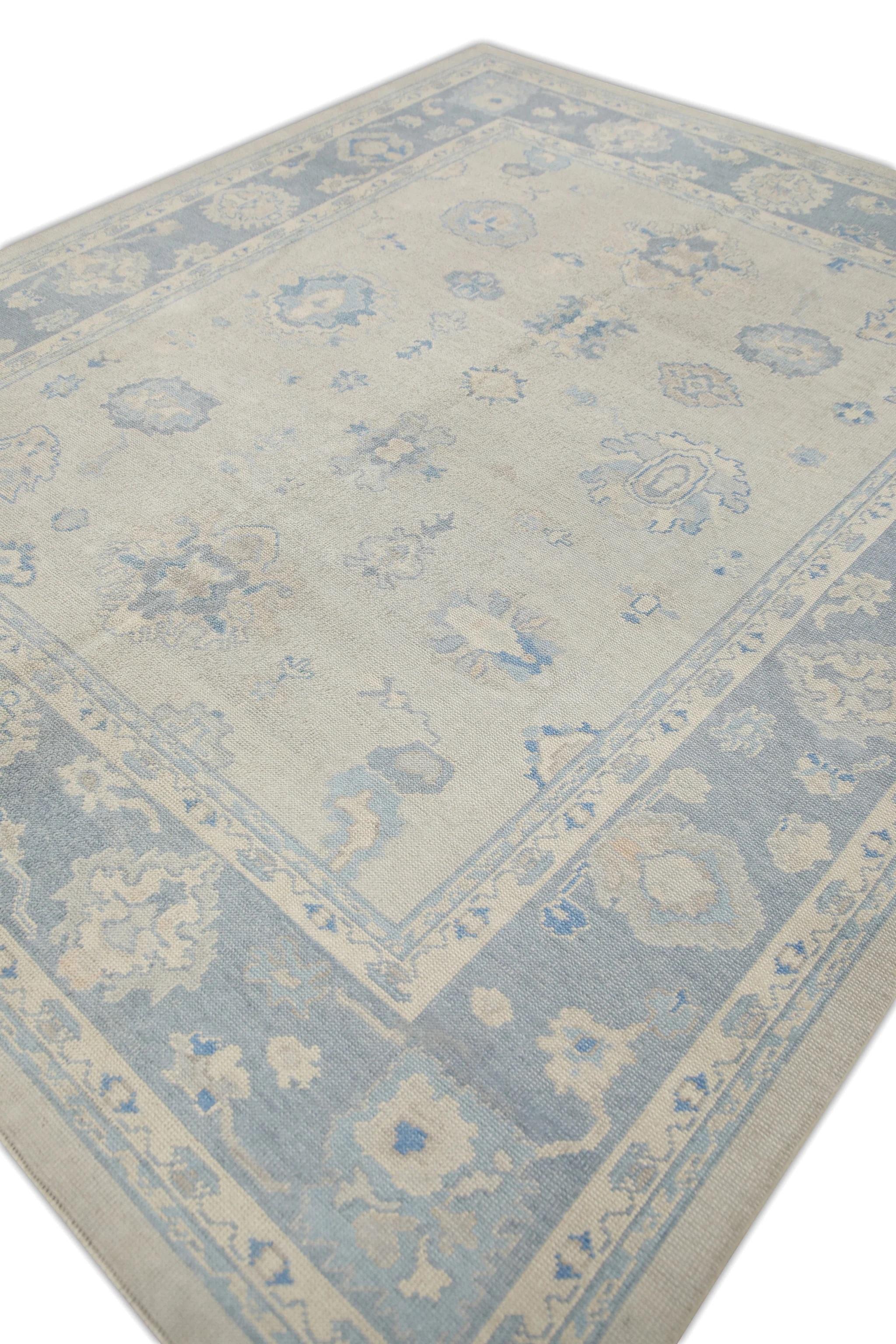 Tappeto turco Oushak Tessuto a mano in lana blu con design floreale 8'2