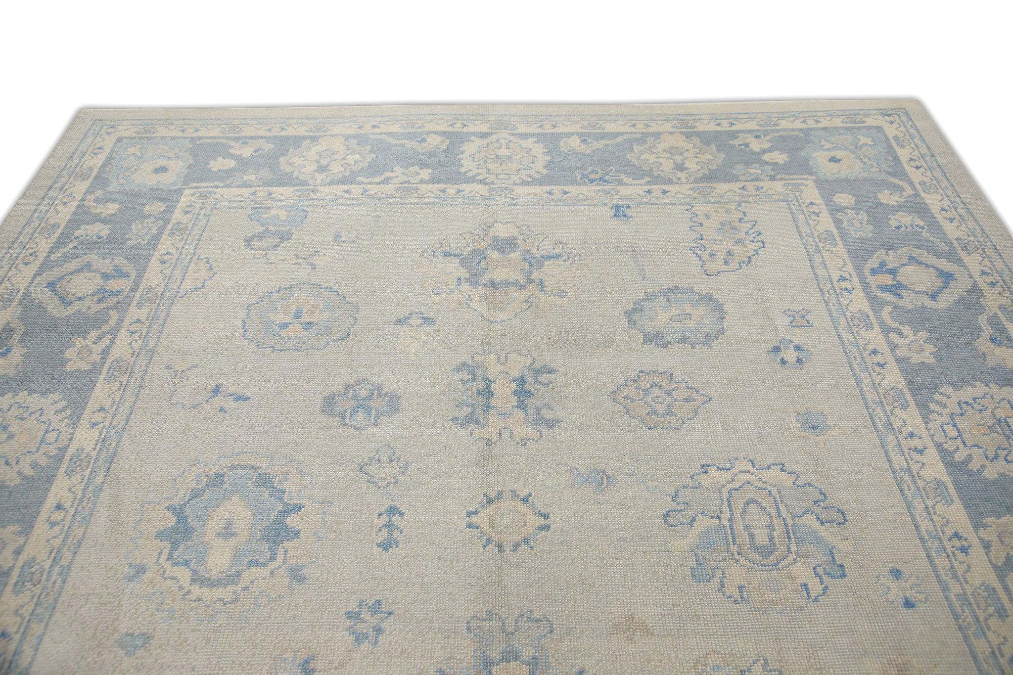 Tappeto turco Oushak Tessuto a mano in lana blu con design floreale 8'2