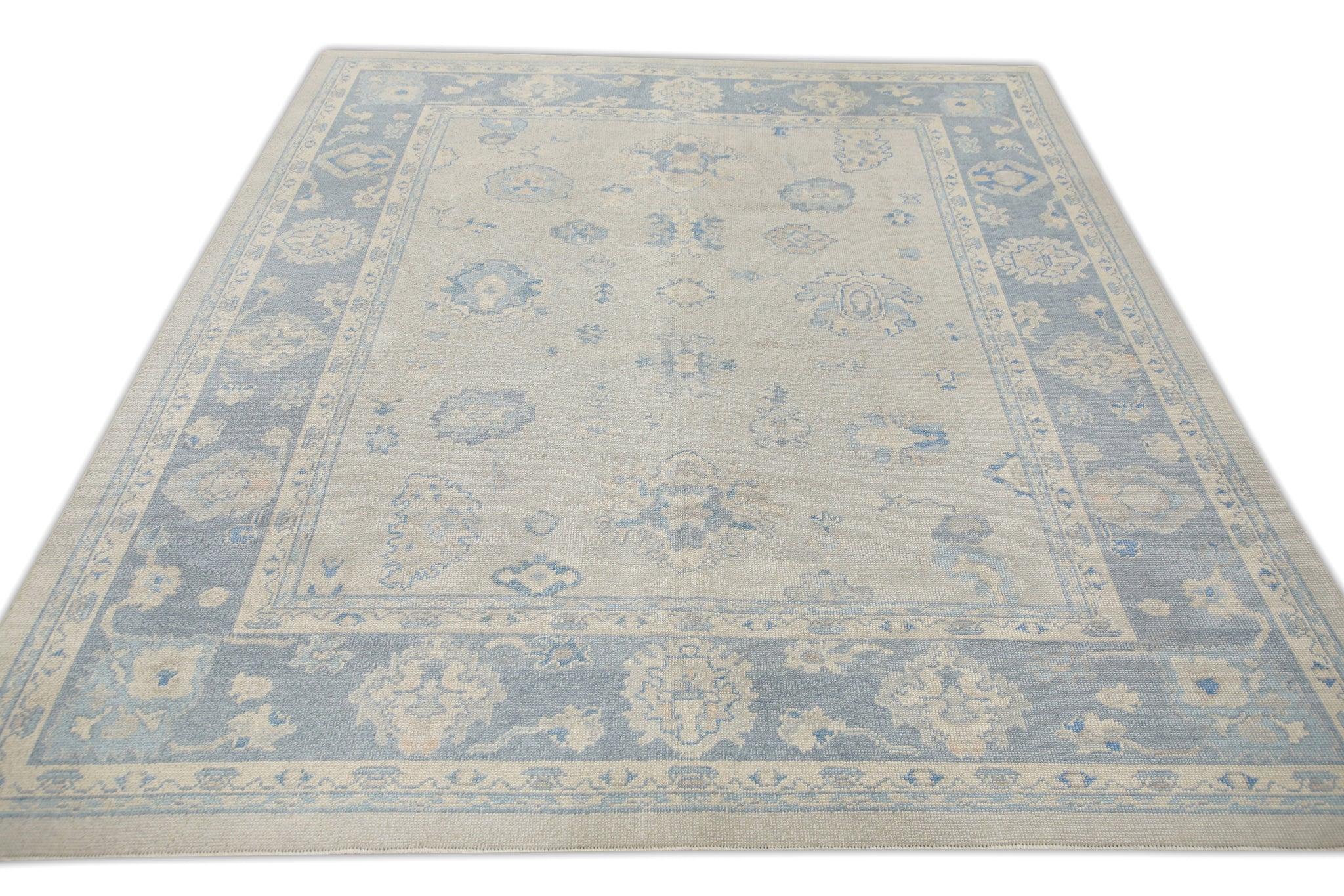 XXI secolo e contemporaneo Tappeto turco Oushak Tessuto a mano in lana blu con design floreale 8'2