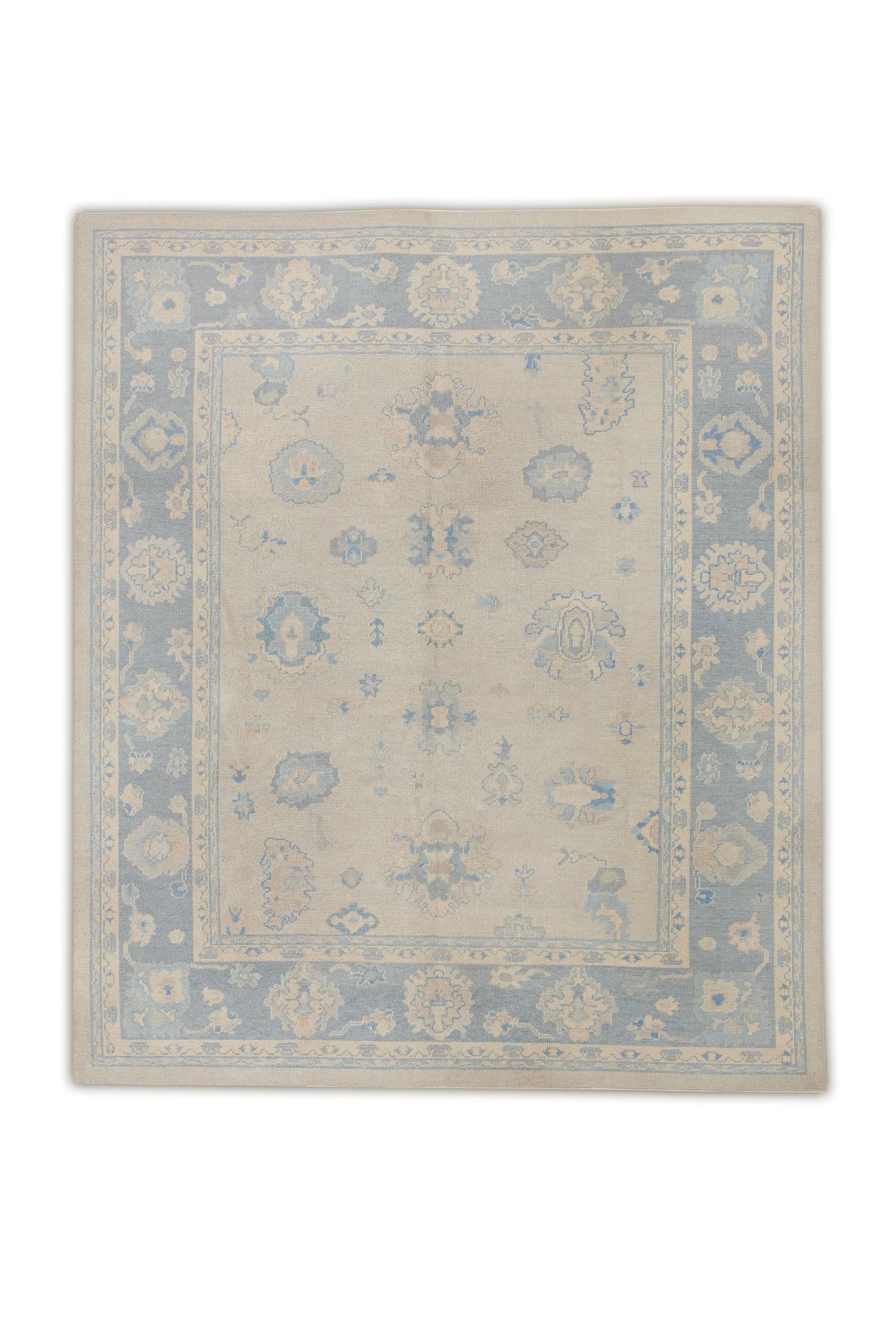 Lana Tappeto turco Oushak Tessuto a mano in lana blu con design floreale 8'2