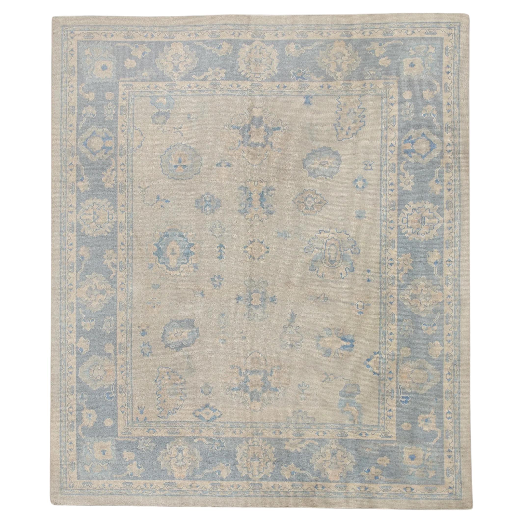 Turkish Oushak Rug Handwoven Wool Blue Floral Design 8'2" x 9'8"