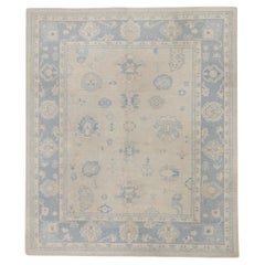 Turkish Oushak Rug Handwoven Wool Blue Floral Design 8'2" x 9'8"