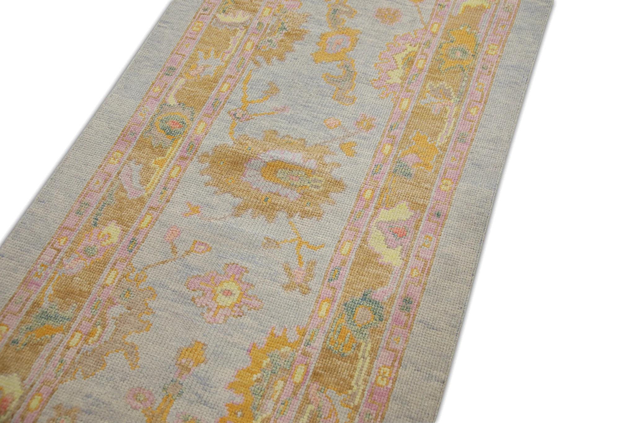 Türkischer Oushak Teppich Handgewebte Wolle Blau Rosa Floral Design Teppich 3' x 8'4