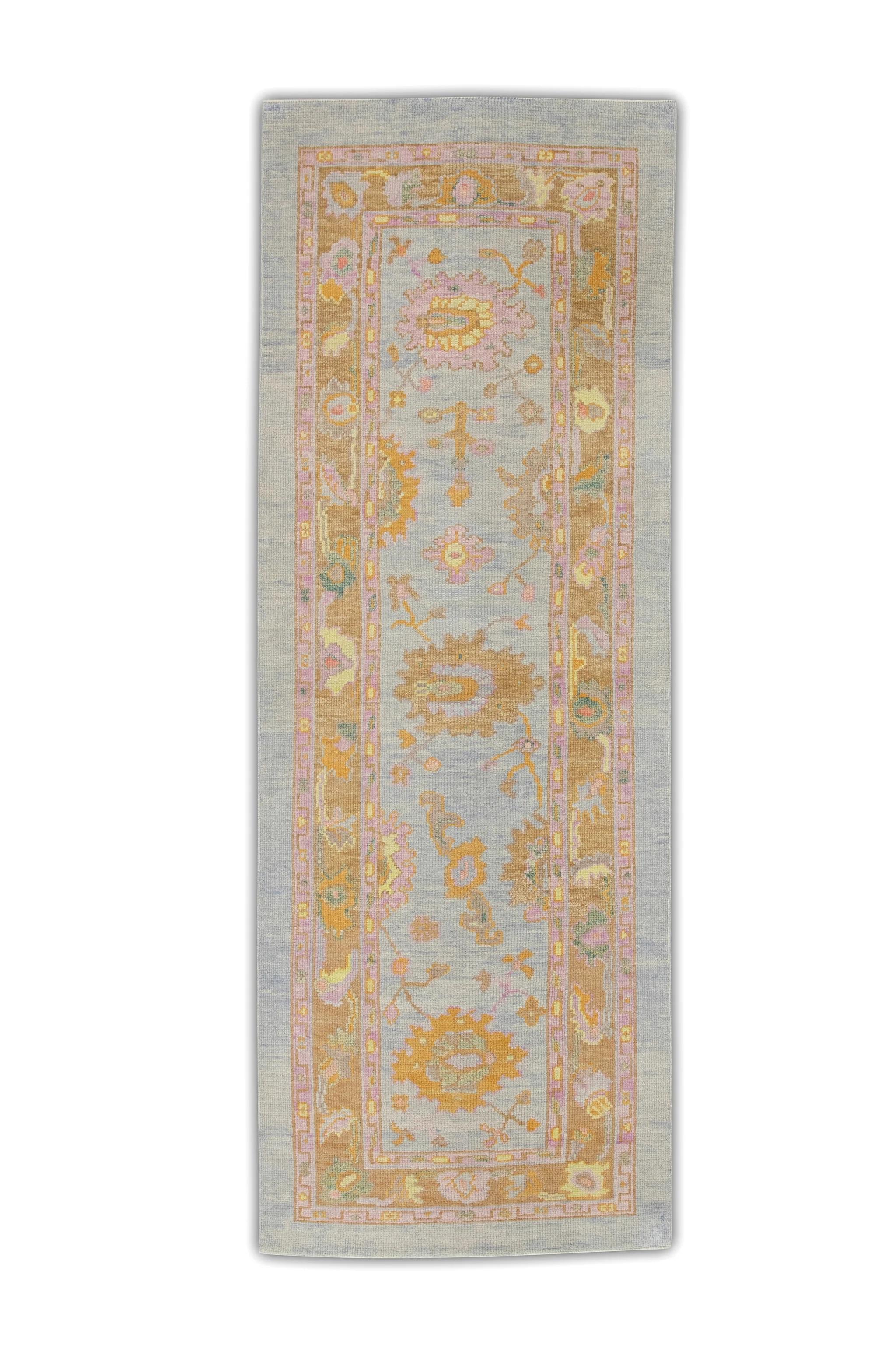 Türkischer Oushak Teppich Handgewebte Wolle Blau Rosa Floral Design Teppich 3' x 8'4
