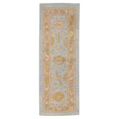Turkish Oushak Rug Handwoven Wool Blue Pink Floral Design Rug 3' x 8'4"